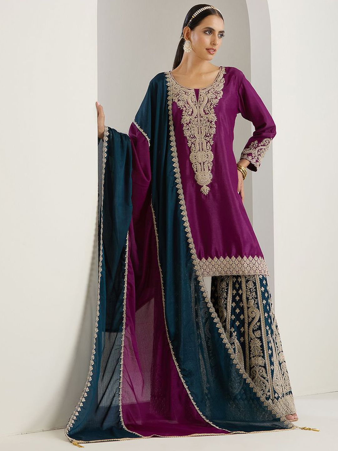 Rich Purple Chinon Zari Embroidered Kurta Set with Sharara Bottom and Silk Blend Tassel Dupatta