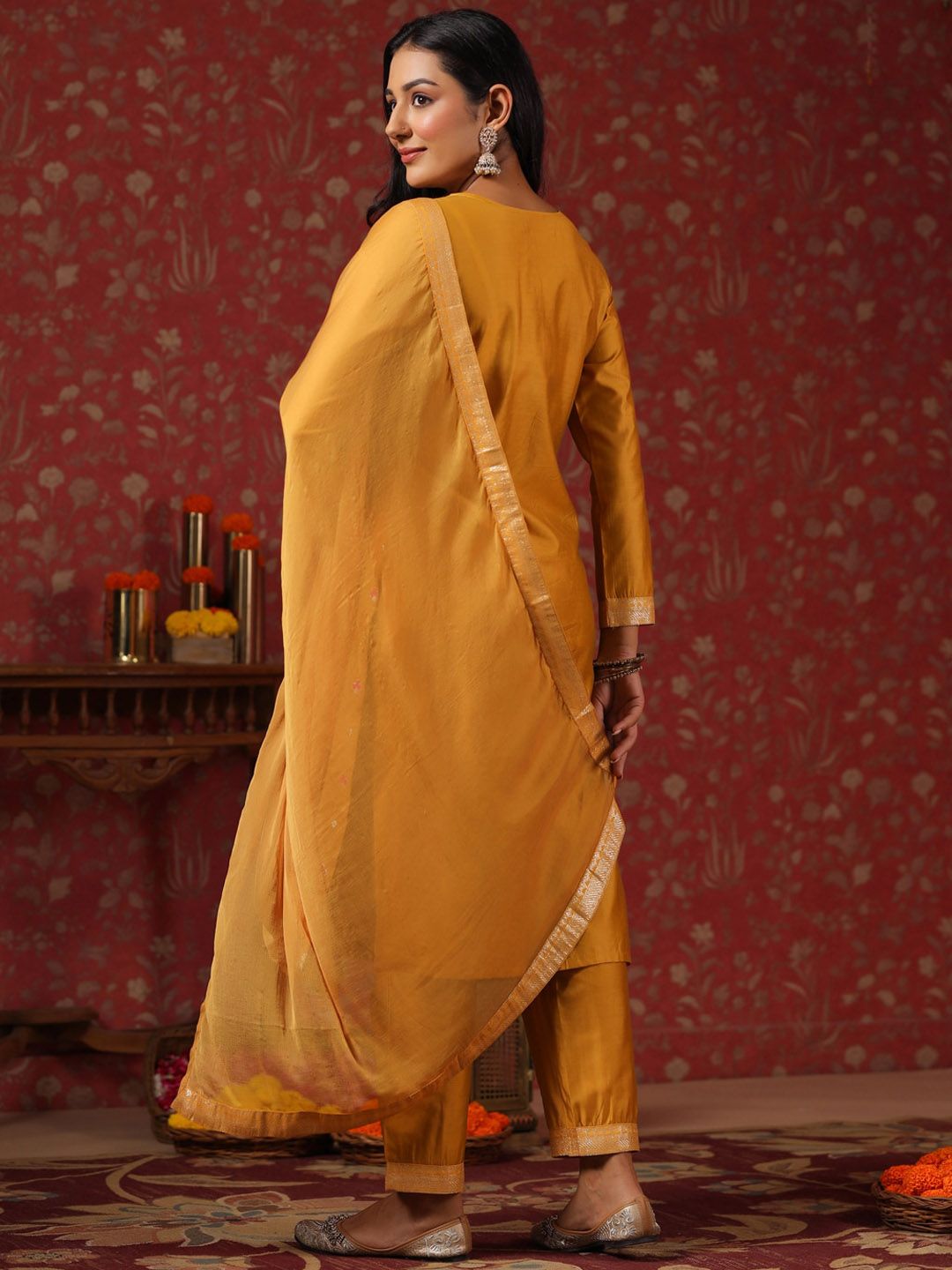 Rich Mustard Poly Silk Foil Printed Kurta Set with Straight Bottom and Sheer Voile Dupatta