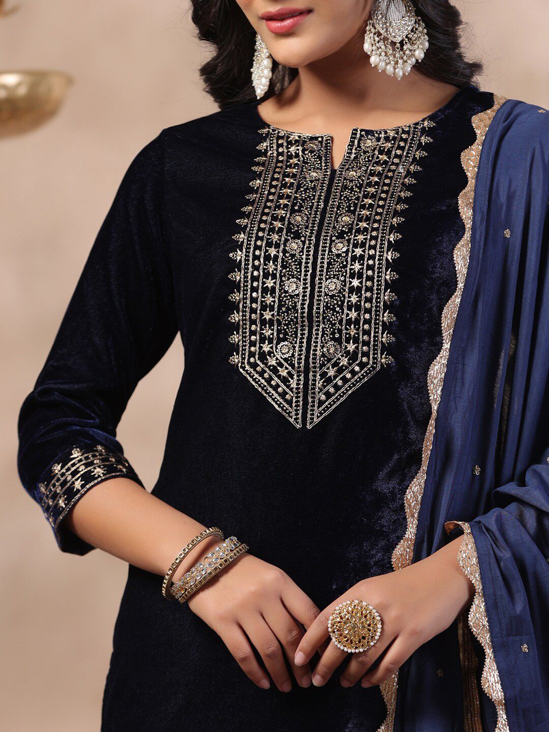 Navy Blue Velvet Zari Embroidered Kurta Set with Sheer Voile Scalloped Lace Dupatta