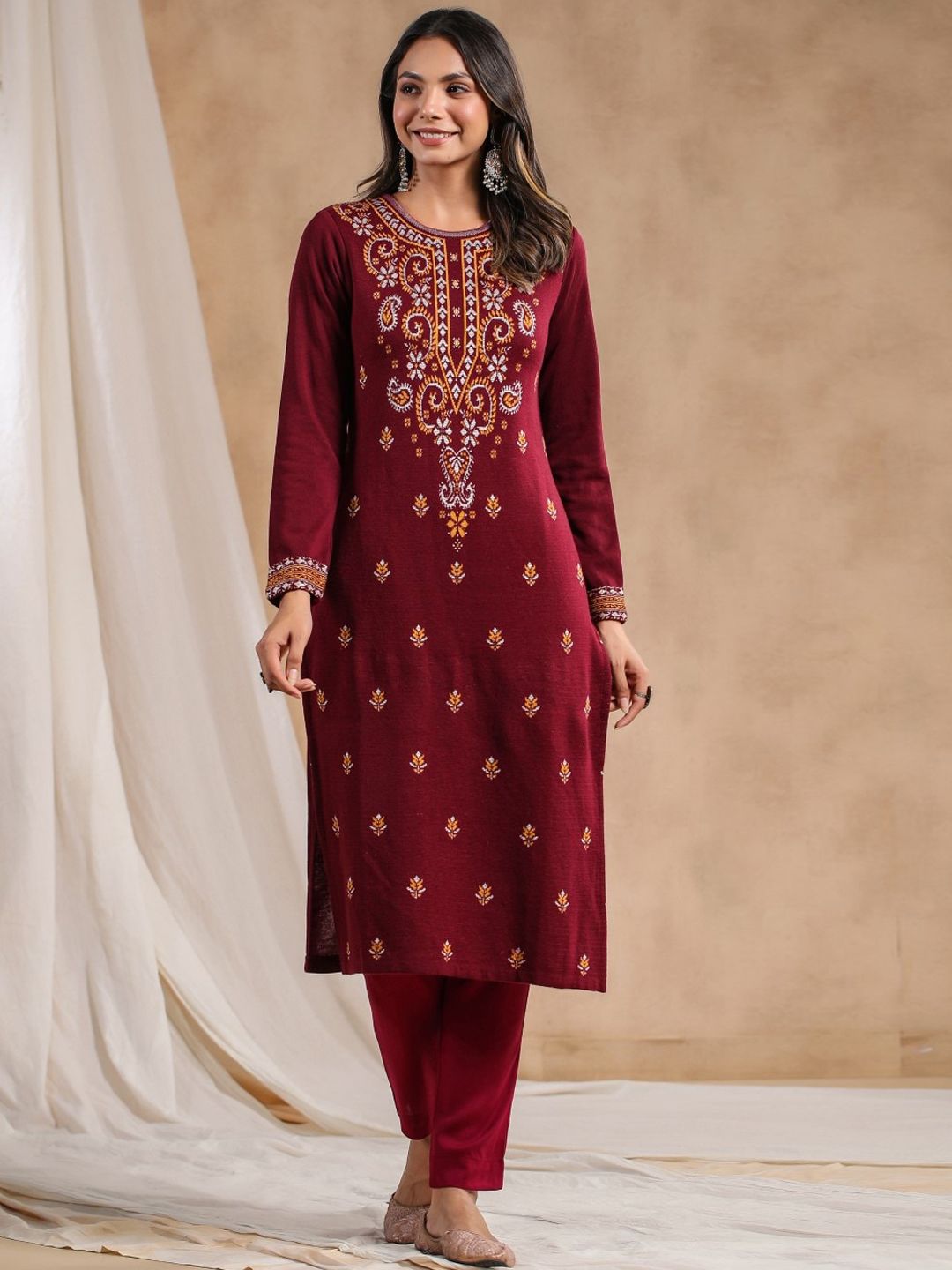 Warm Maroon Acrylic Straight Kurta Set with Ethnic Motifs and Jacquard Knit