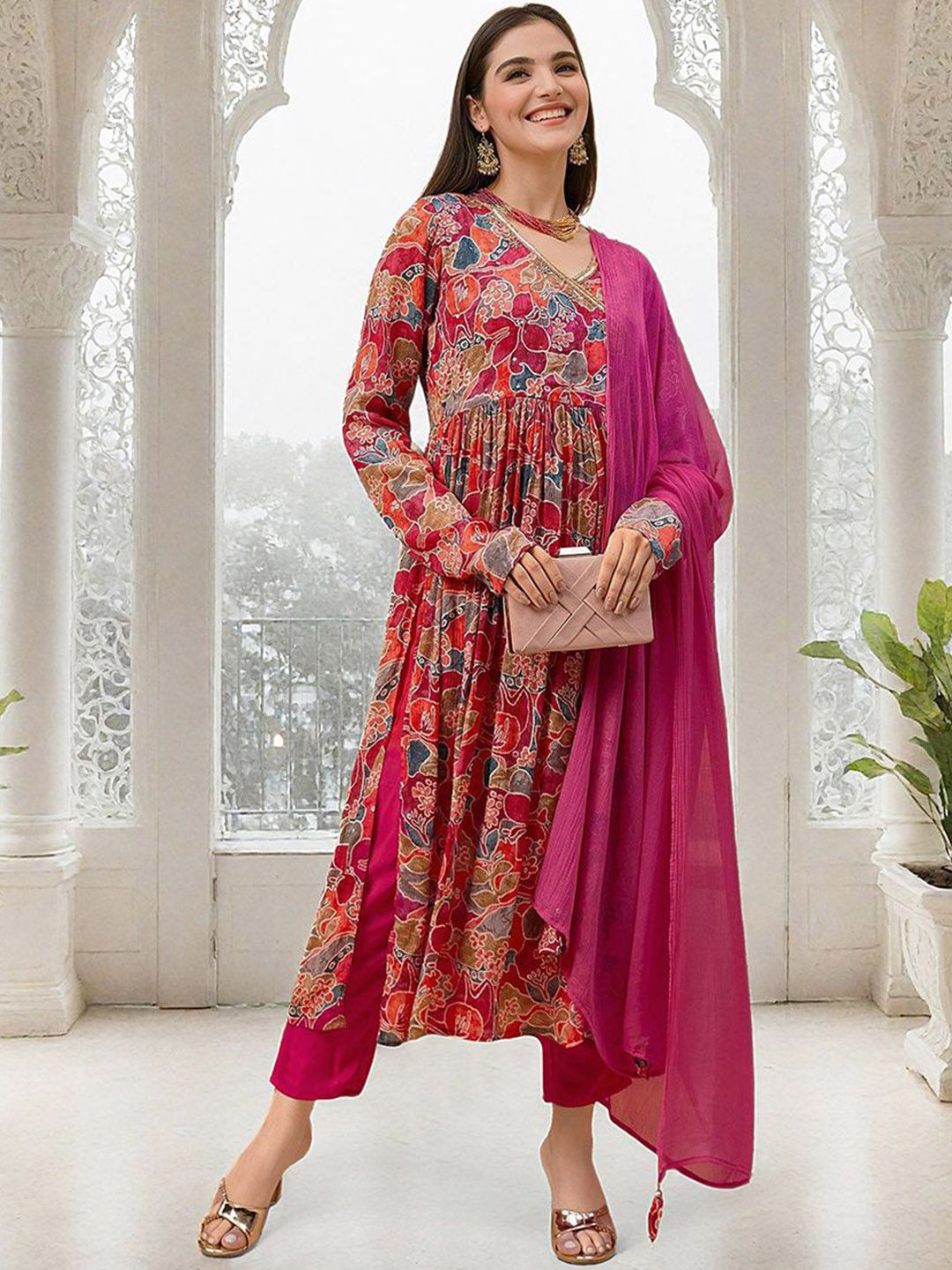 Soft Multi-Colored Chinon Sequinned Printed Angrakha Kurta Set With Straight Bottom & Solid Dupatta