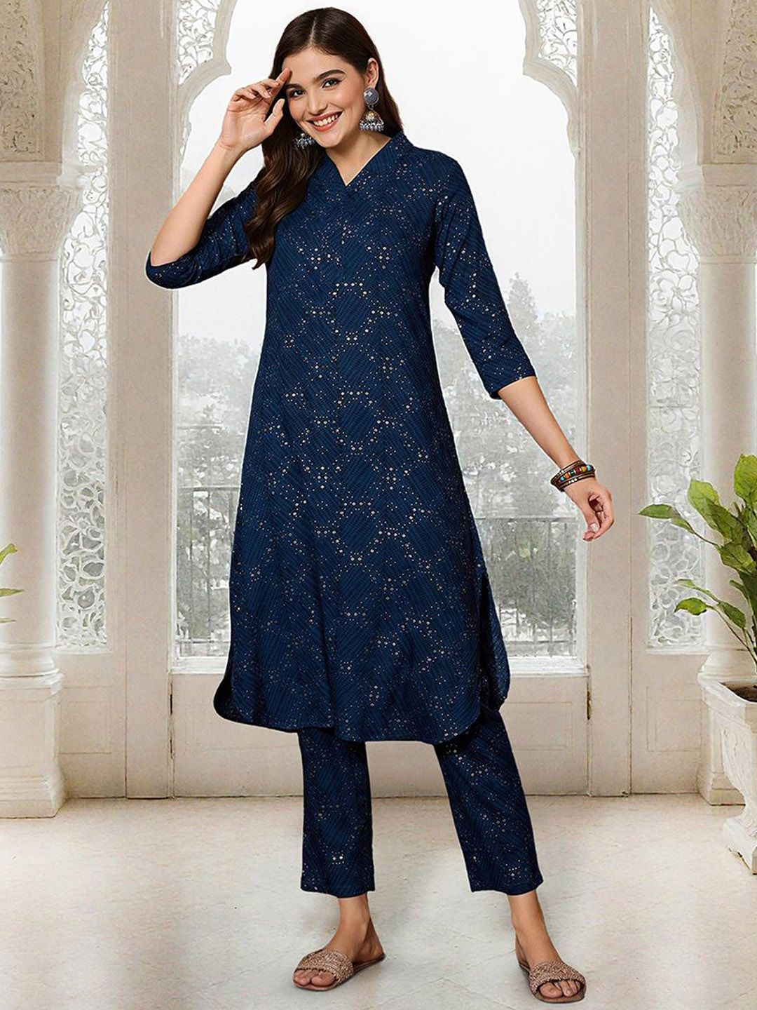 Rich Navy Rayon Sequinned Straight Fit Kurta Set With Straight Bottom