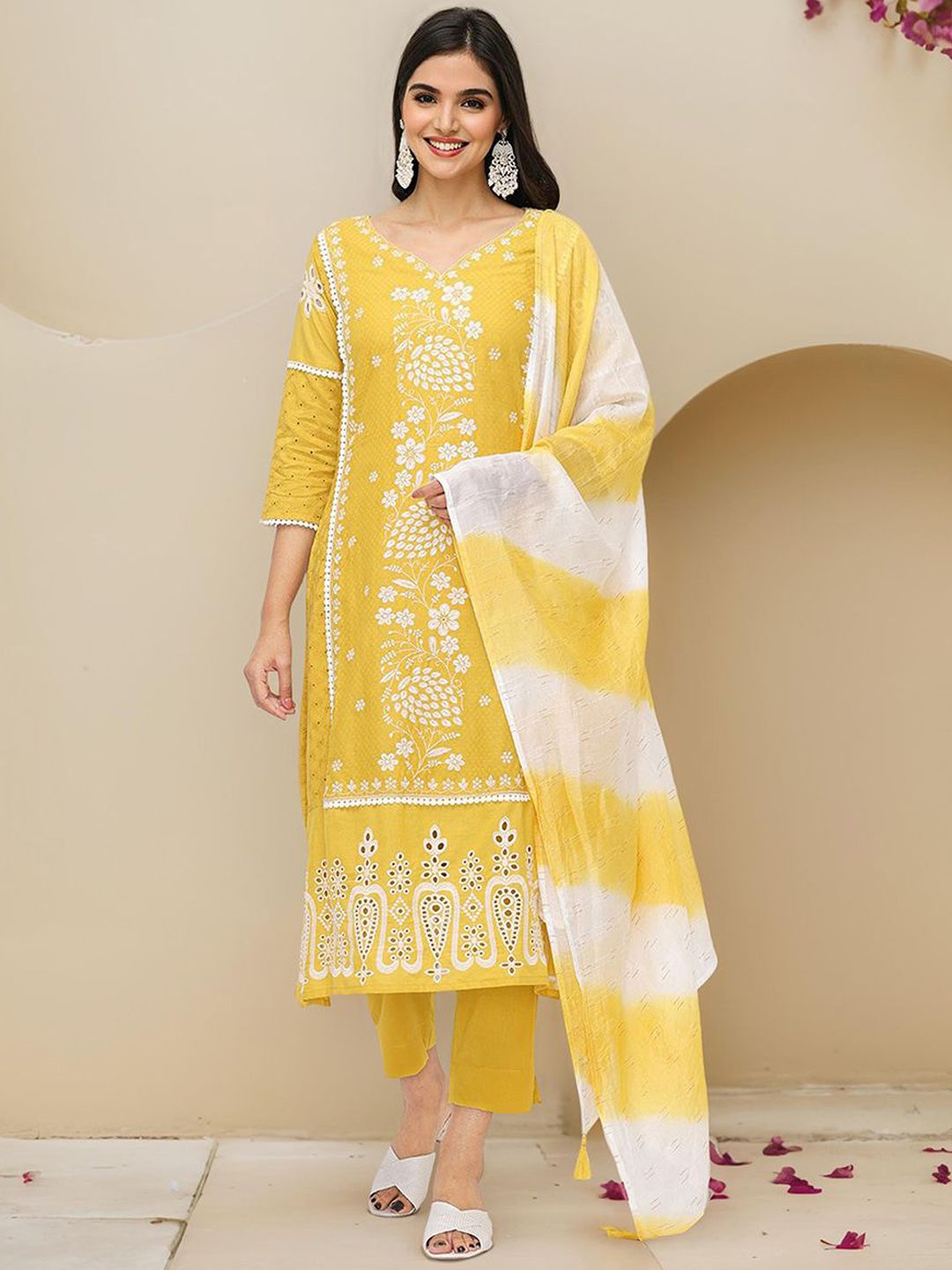 Comfy Mustard Pure Cotton Embroidered Kurta Set with Straight Bottom and Sheer Dyed Chiffon Dupatta