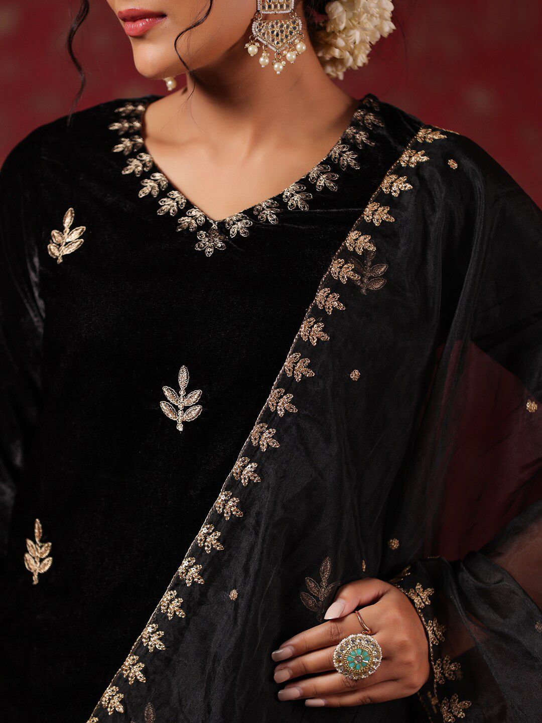 Rich Black Velvet Zari Embroidered Kurta Set with Sheer Voile Butta Dupatta