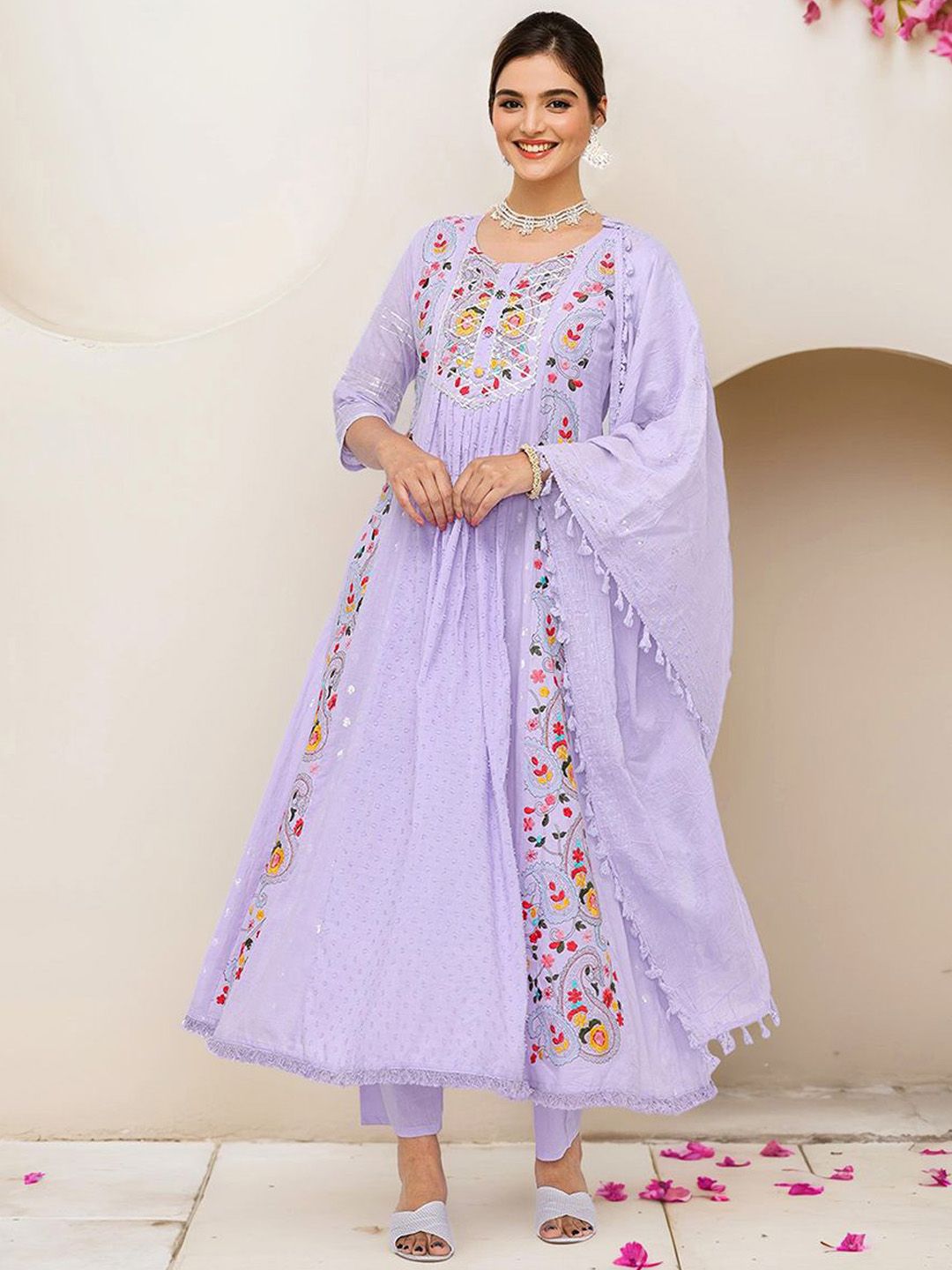 Graceful Pure Cotton Lavender Floral Embroidered  Anarkali Kurta Set with Straight Bottom and Soft Cotton Dupatta