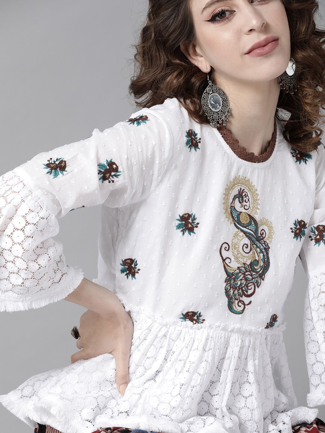 Soft Embroidered Peplum Top with Lace and Bell Sleeves