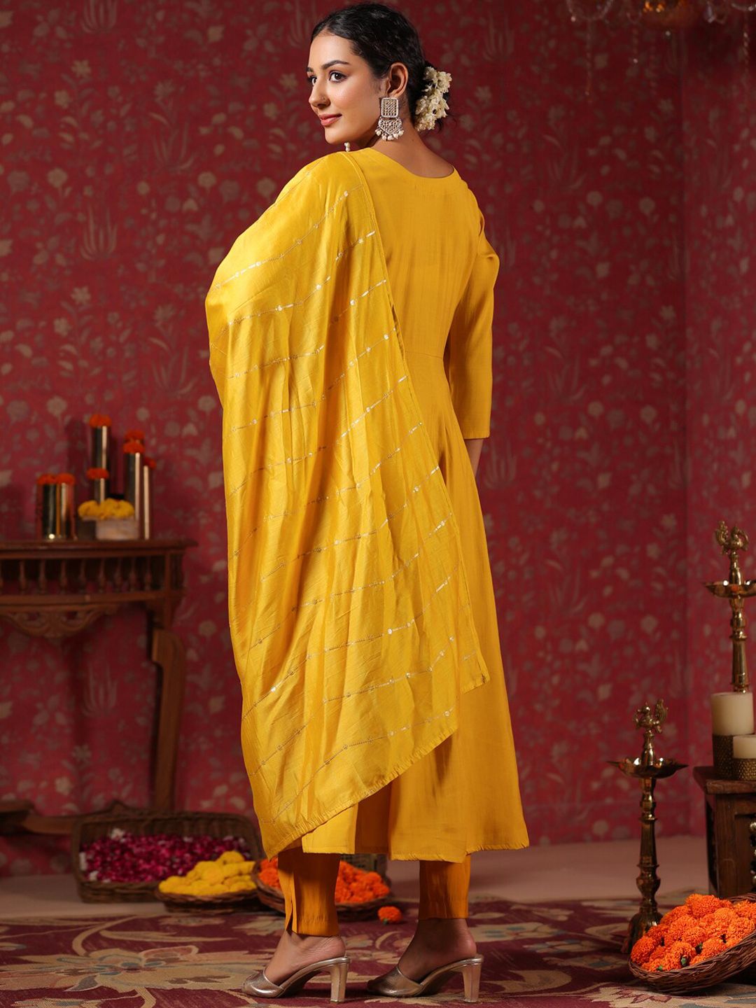 Rich Mustard Poly Silk Embroidered Anarkali Kurta with Straight Bottom and Sheer Voile Dupatta