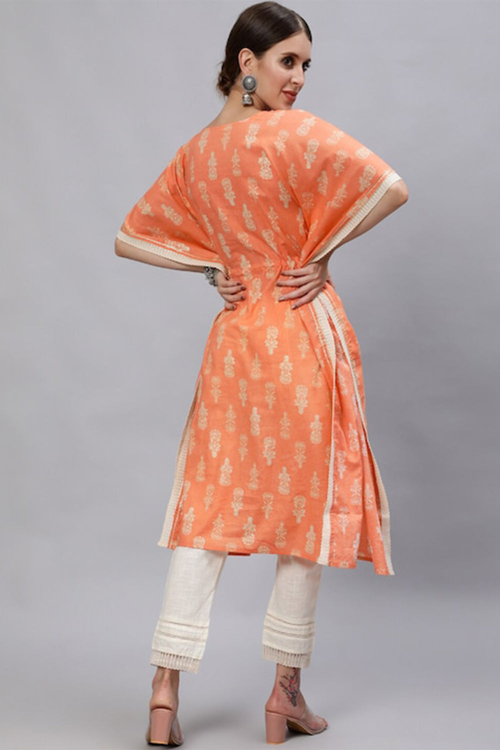Ishin Women's Cotton Orange & White Kurta Set