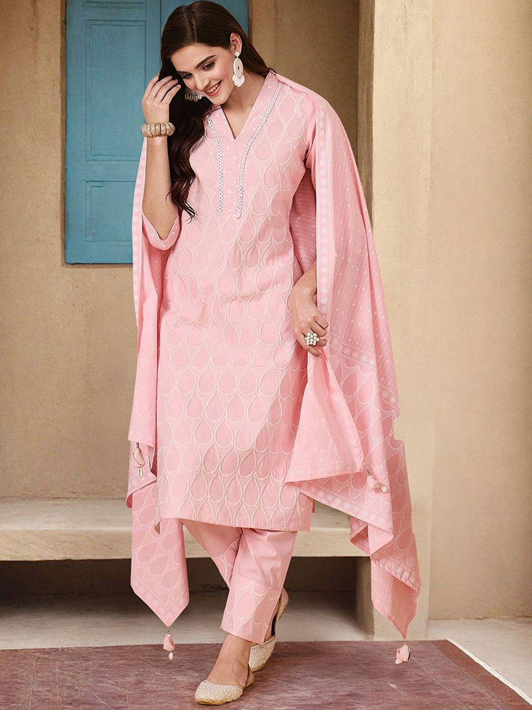 Comfy Pink Cotton Embroidered A-Line Kurta Set With Straight Bottom & Tassel Detailed Dupatta