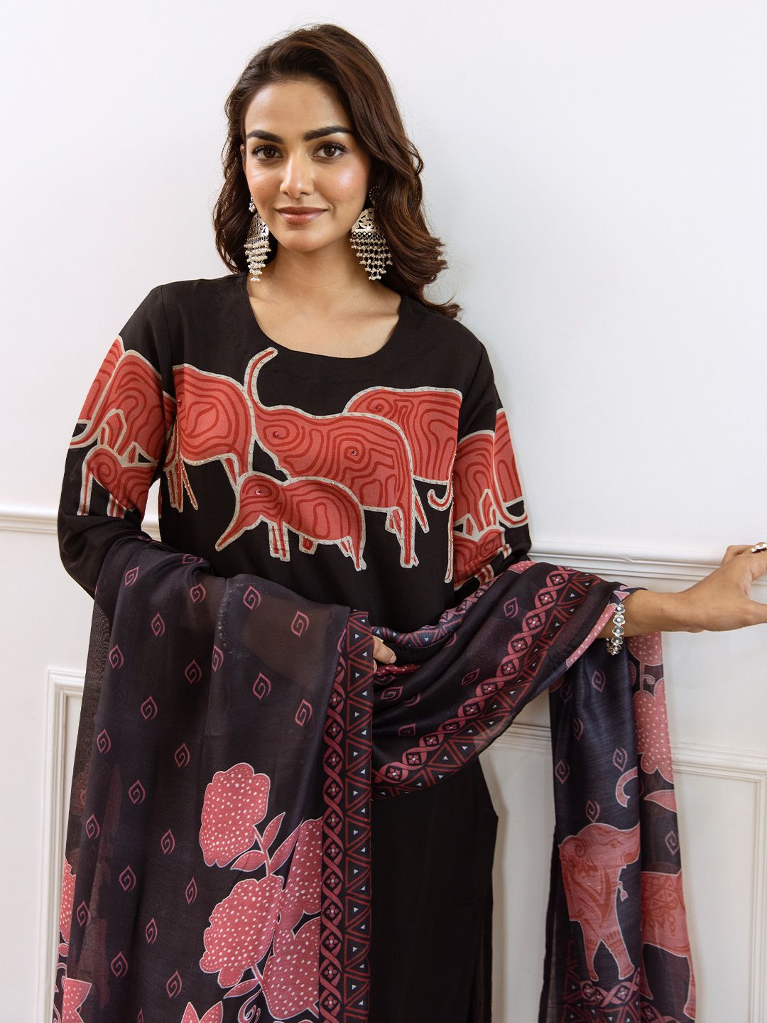 Comfy Pure Cotton Black Bold Printed Kurta Set with Straight Bottom and Poly Chiffon Printed Dupatta