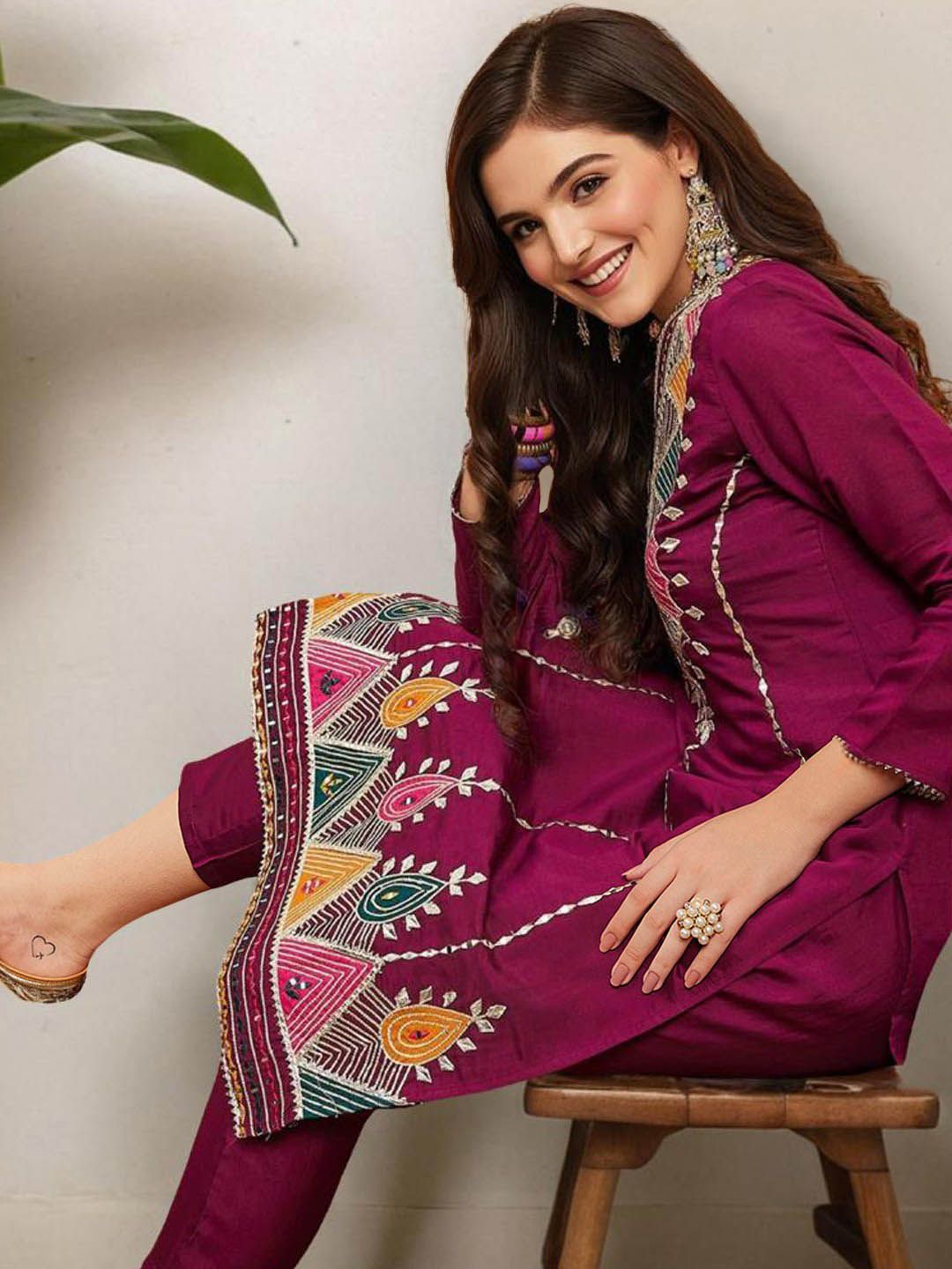 Rich Purple Pure Cotton Zari Embroidered Kurta Set with Straight Bottom and Cotton Printed Tassel Dupatta