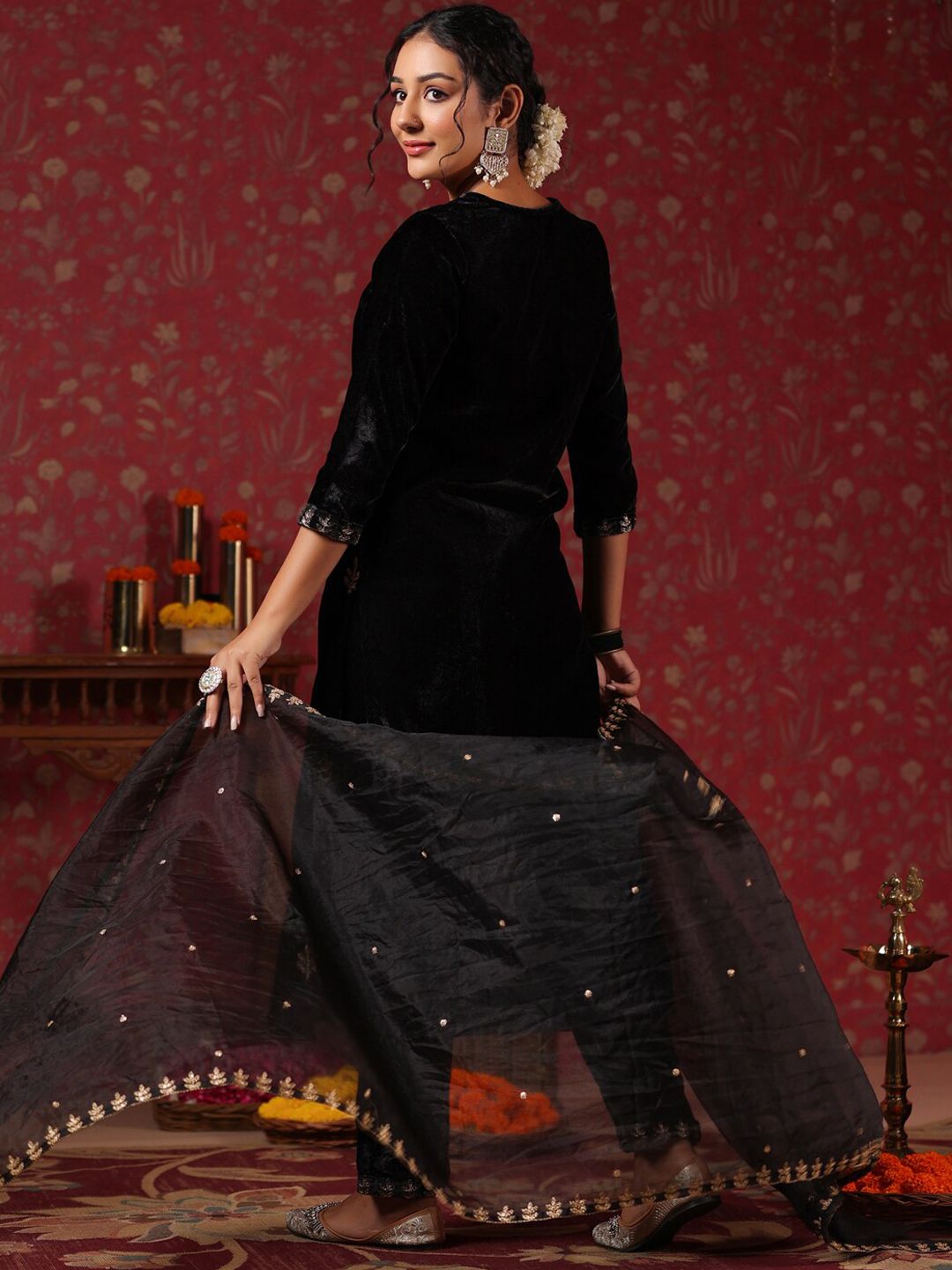 Rich Black Velvet Zari Embroidered Kurta Set with Sheer Voile Butta Dupatta