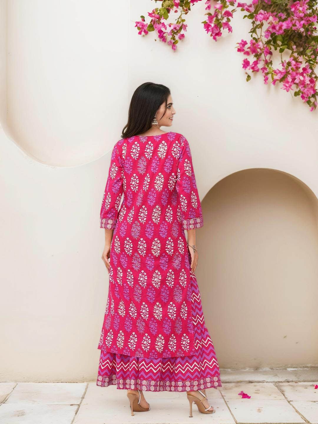 Comfy Pink Pure Cotton Floral Printed Kurta with Chevron Printed Skirt