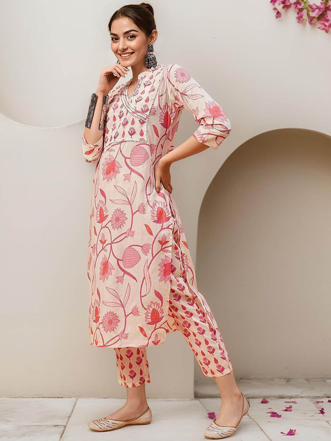 Comfy Off-White Pure Cotton Floral Printed Kurta Set with Gotta Patti Detailing and Straight Bottom