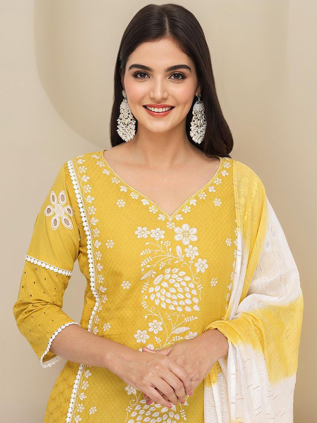 Comfy Mustard Pure Cotton Embroidered Kurta Set with Straight Bottom and Sheer Dyed Chiffon Dupatta