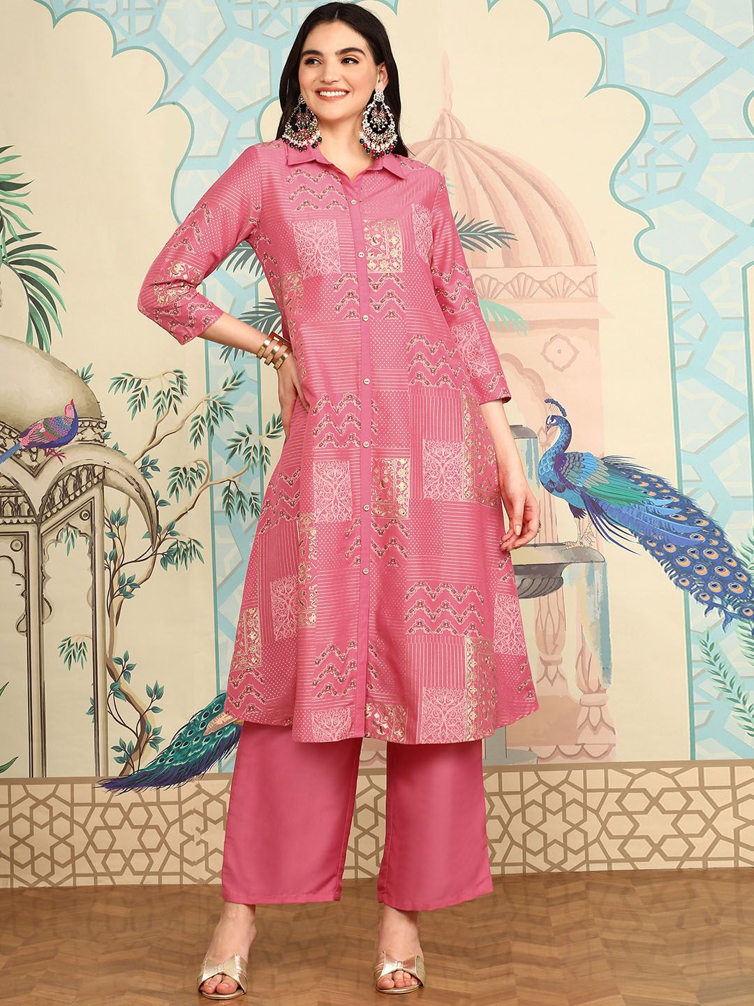 Soft Chinon Pink  Shirt Collar A-Line Kurta Set with Floral Print Paired with Flared Bottom