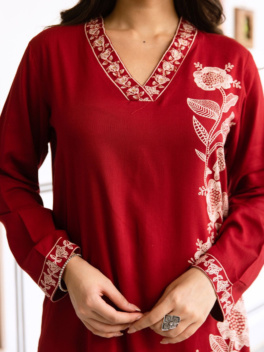 Comfy Maroon Rayon Printed A-Line Kurta Set With Flare Bottom