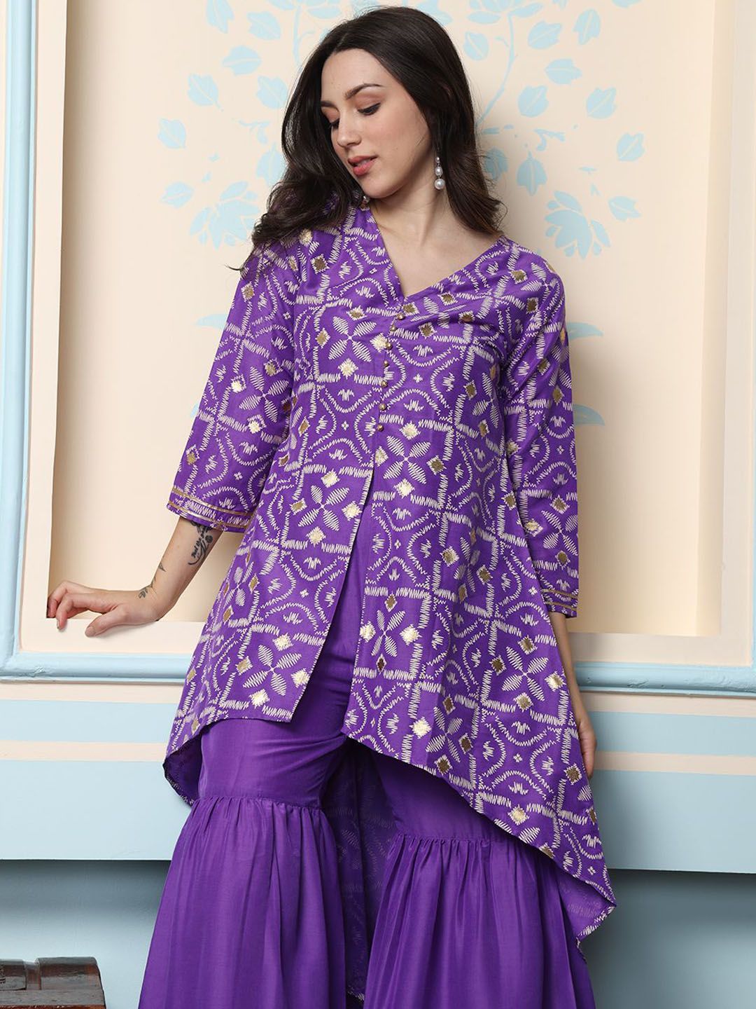 Rich Purple Cotton Geometric Printed A-Line Kurta Set with Sharara Bottom