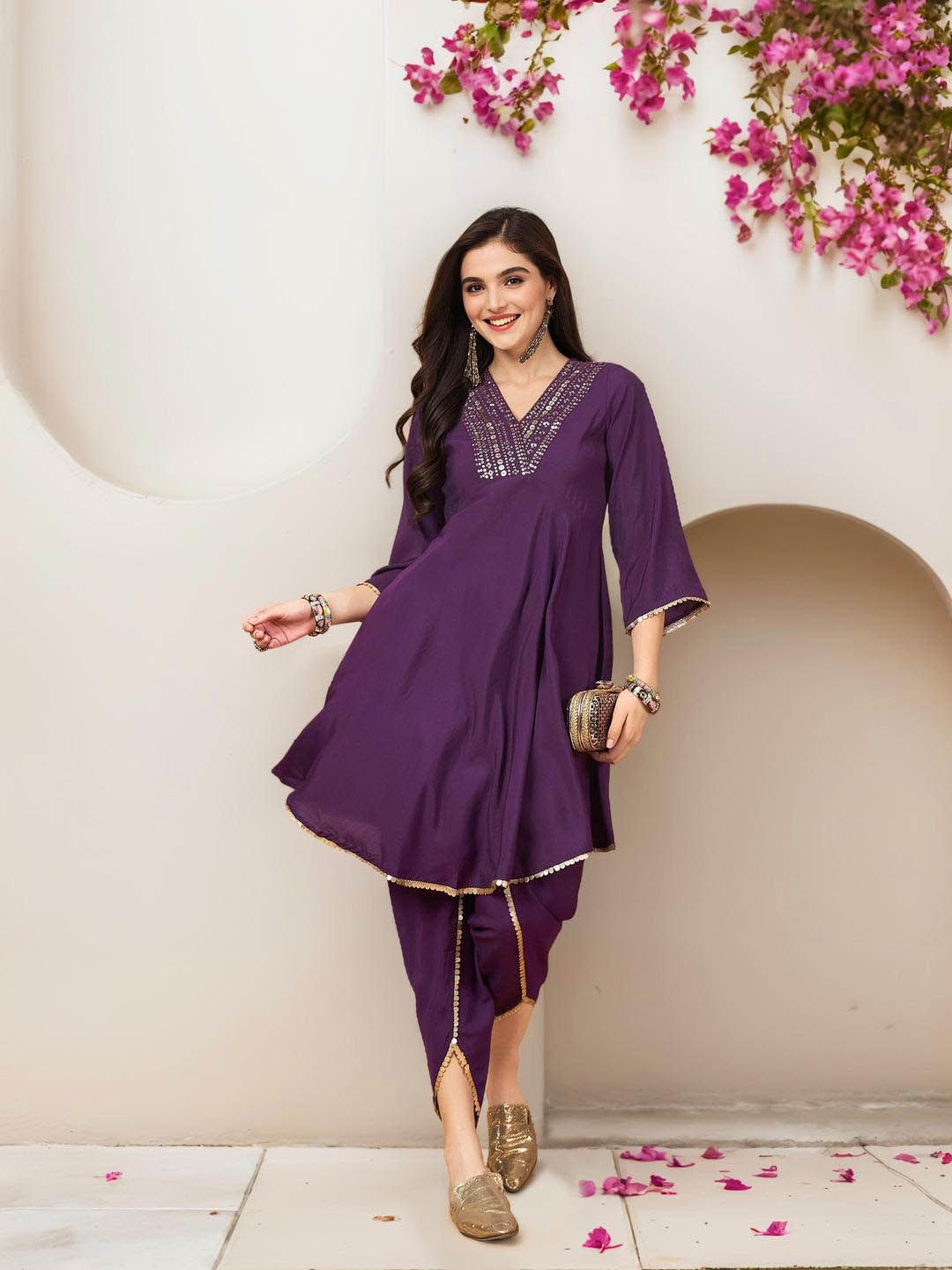 Soft Pure Cotton Lavender and off white Polka Dot Printed A-Line Kurta Set with Straight Bottom and Cotton Dupatta