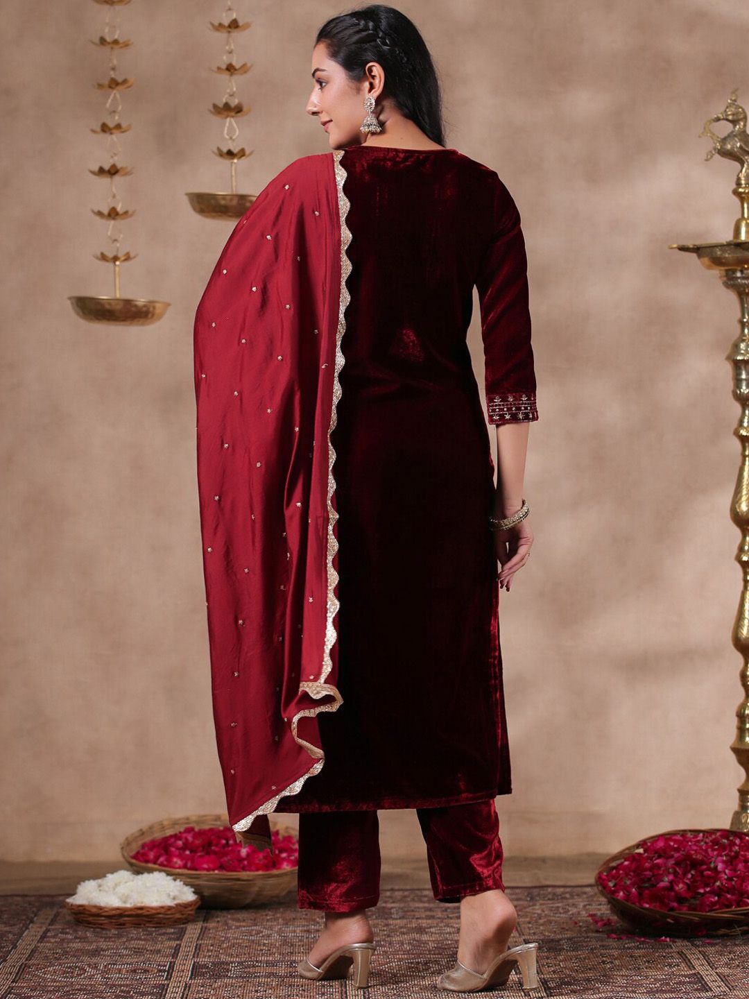 Rich Maroon Velvet Zari Embroidered Kurta Set with Sheer Voile Scalloped Lace Dupatta