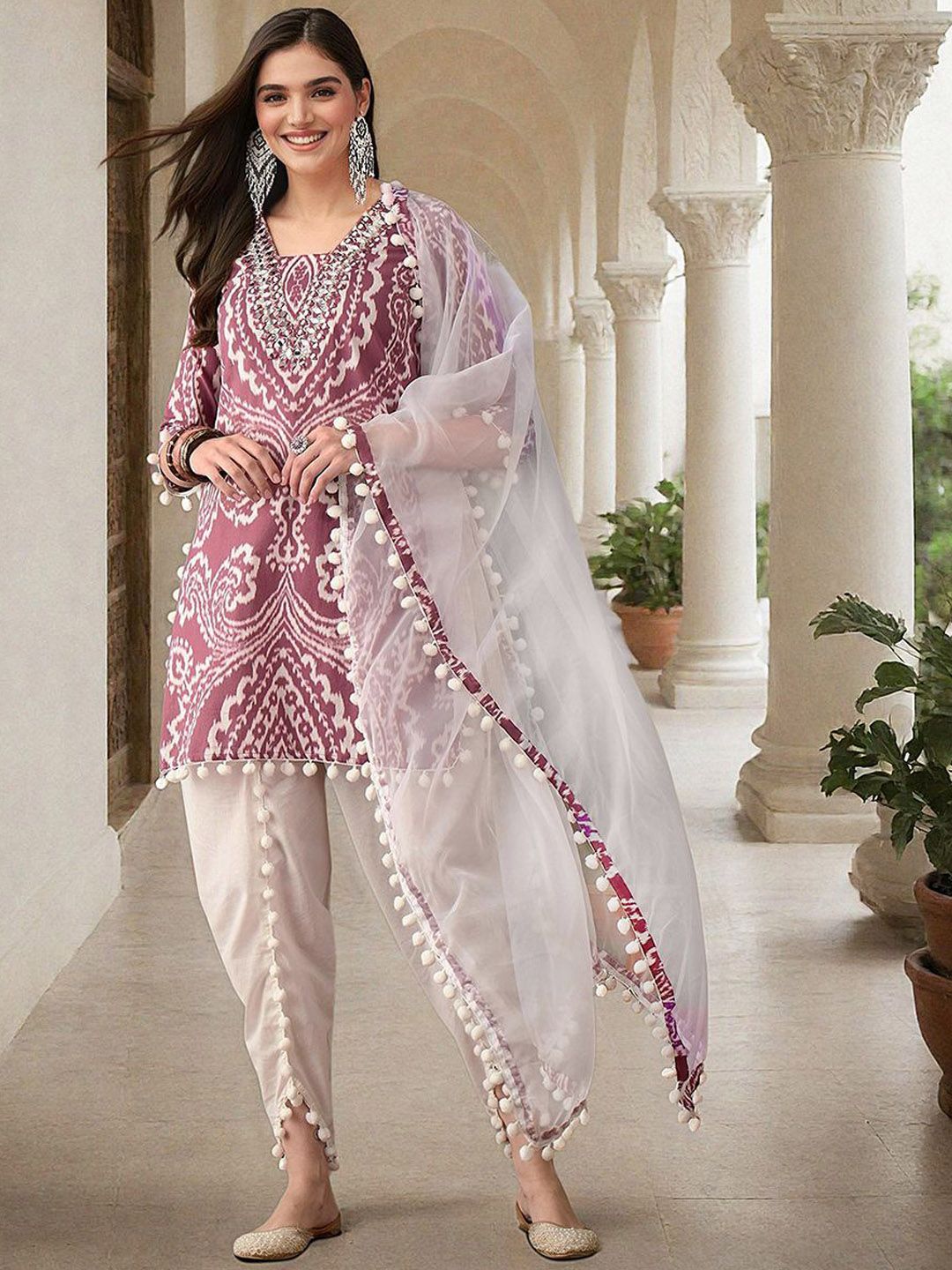 Rich Fuchsia Mirror Work A-Line Kurta Set With Dhoti Bottom & Tassel Detailed Dupatta