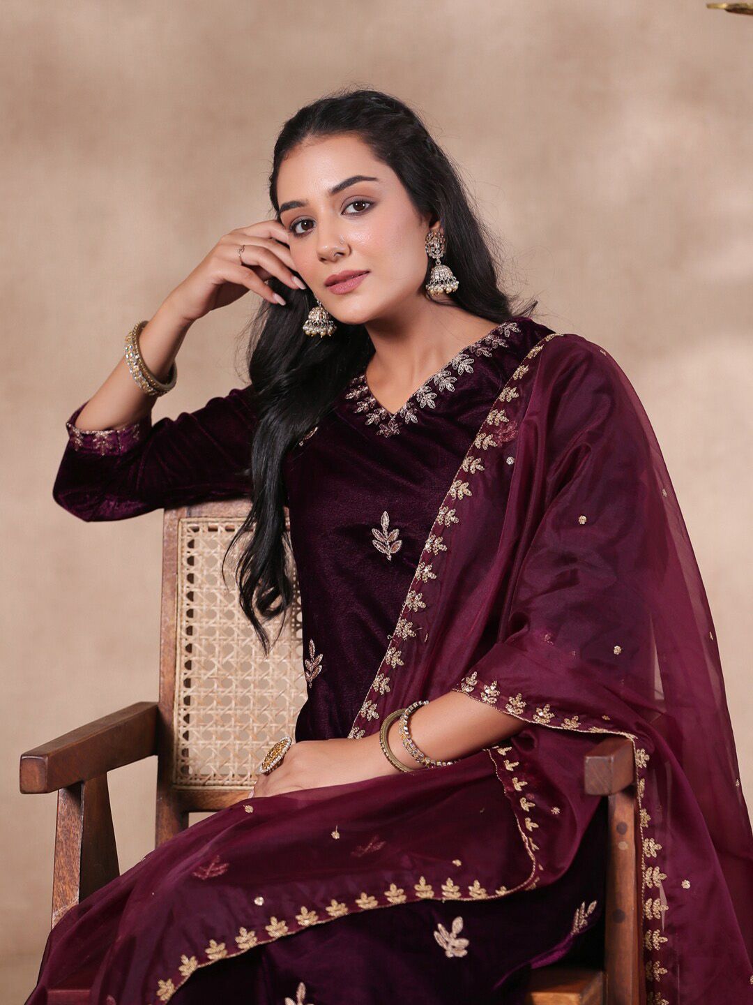 Rich Purple Velvet Zari Embroidered Kurta Set with Sheer Voile Butta Dupatta