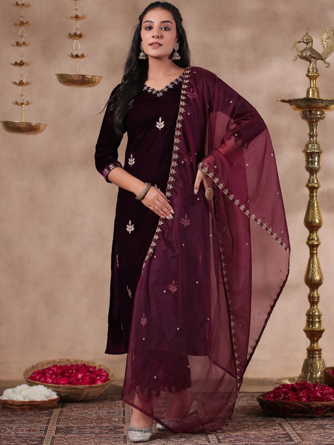 Rich Purple Velvet Zari Embroidered Kurta Set with Sheer Voile Butta Dupatta