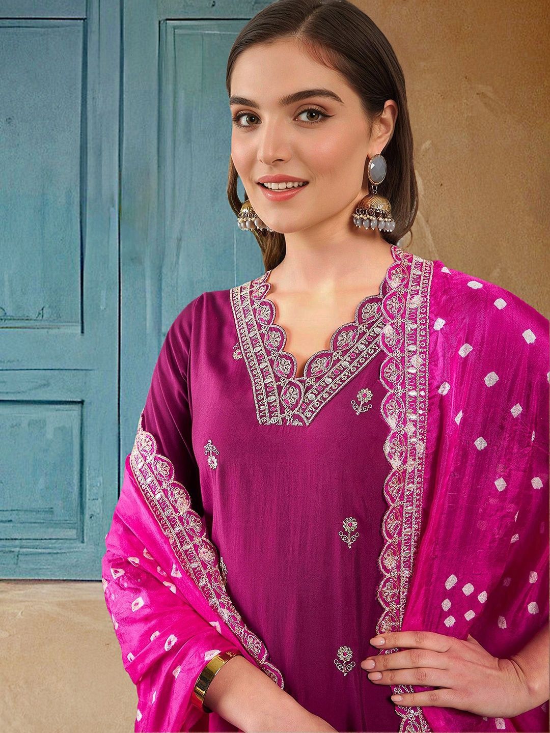 Rich Purple Silk Embroidered Straight Fit Kurta Set With Straight Bottom & Sheer Bandini Silk Dupatta