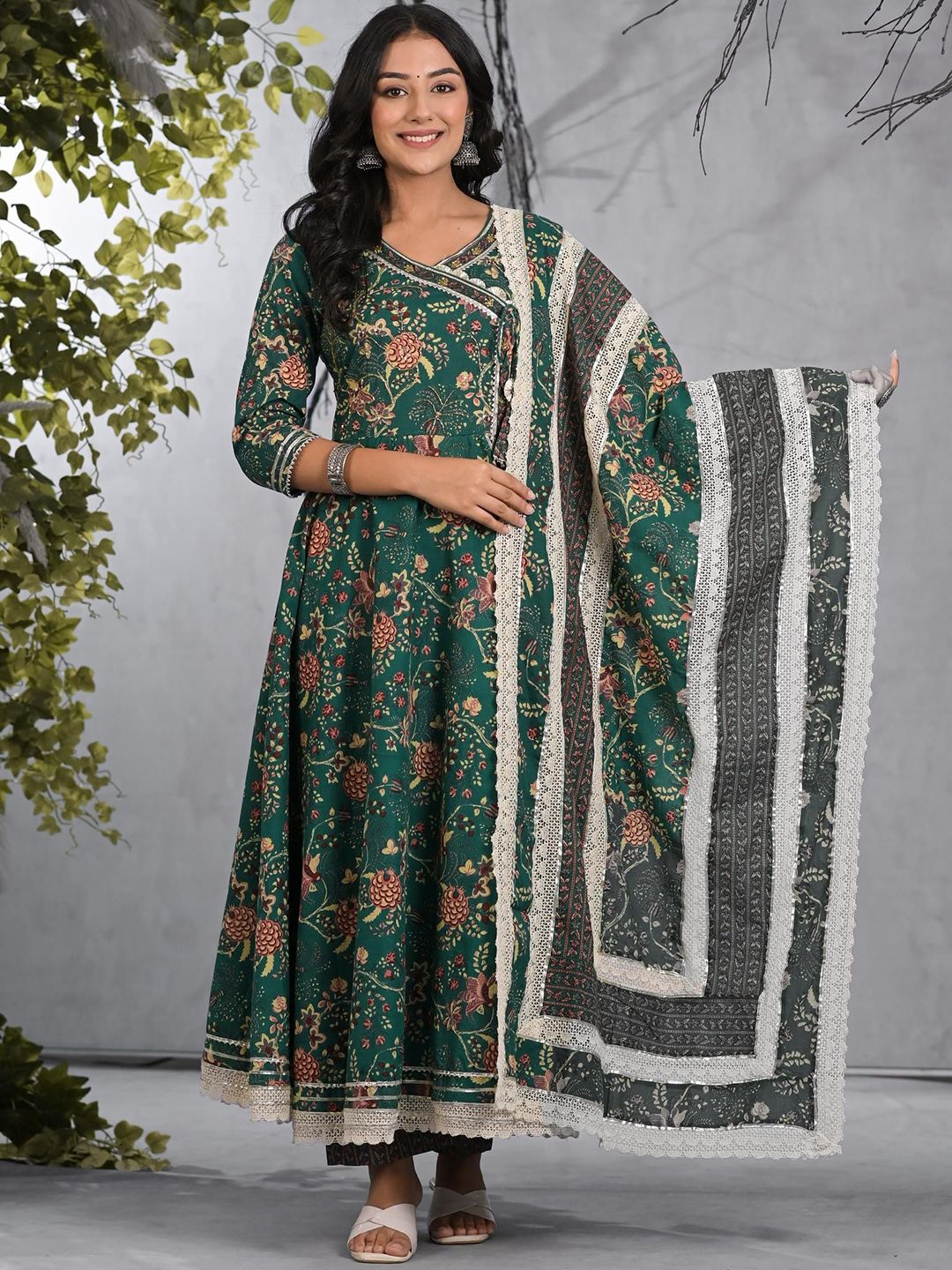 Graceful Cotton Green Floral Printed  Angrakha Kurta with Straight Bottom and Cotton Printed Dupatta