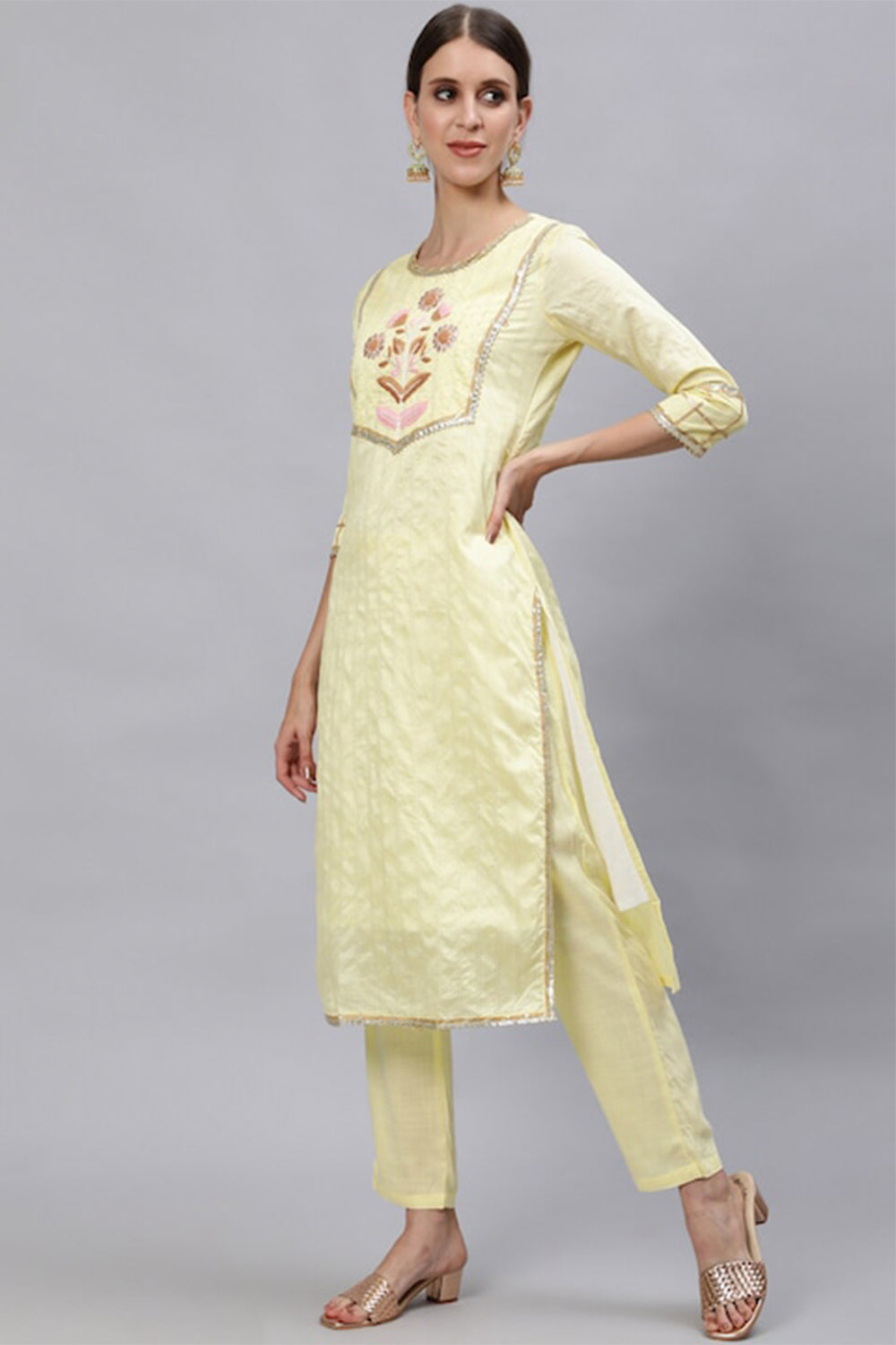 Women Yellow Embroidered Beads and Stones Kurta Set