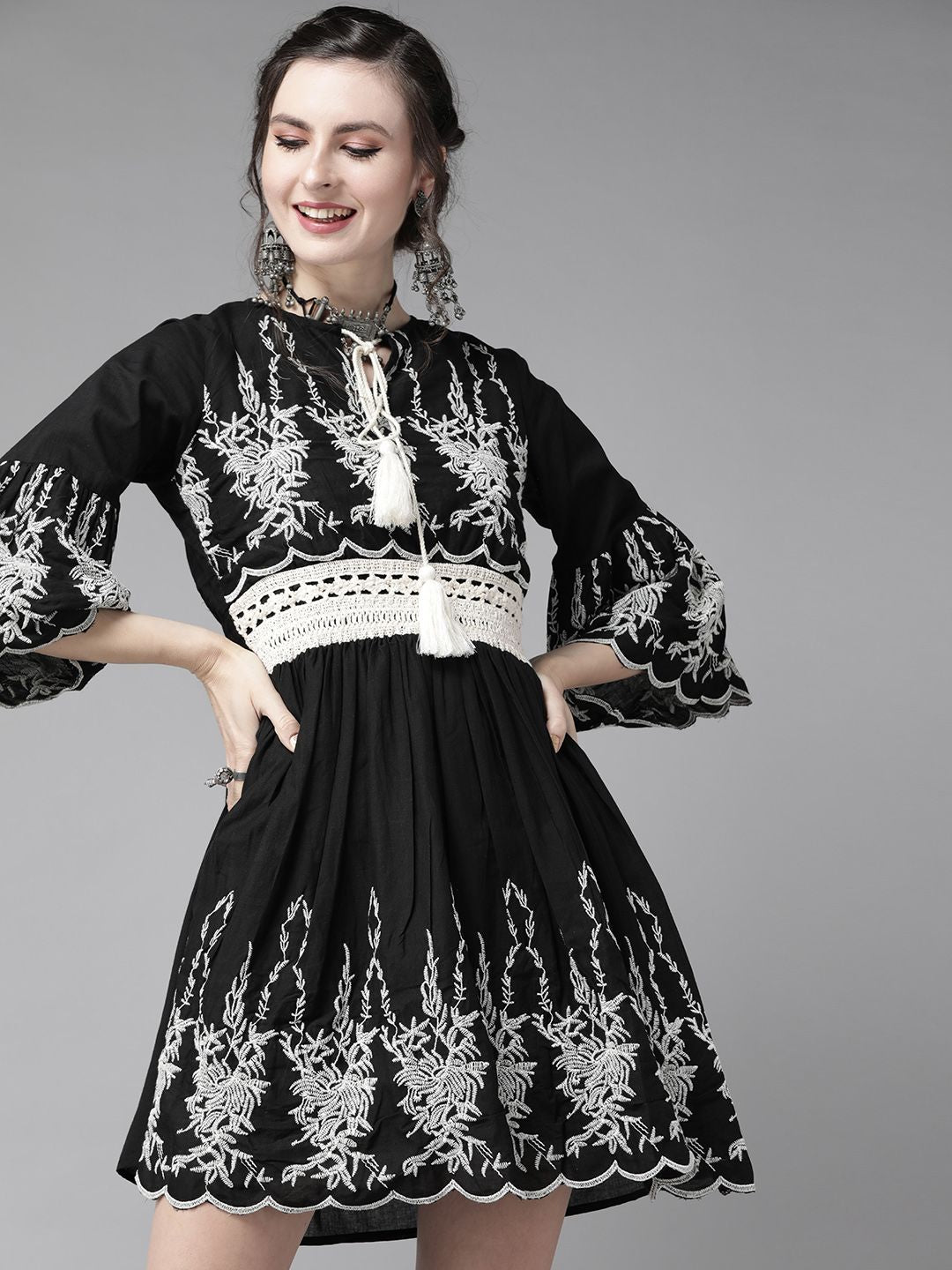 Comfy Black Cotton Embroidered Fit & Flare Dress with Bell Sleeves and Scalloped Hemline