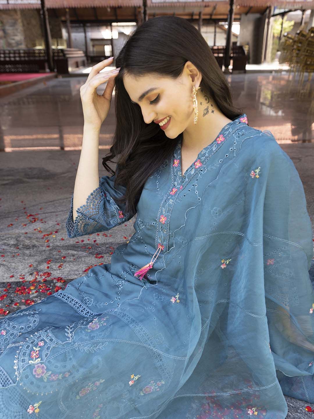 Soft Blue Cotton Floral Embroidered Kurta Set with Straight Bottom and Scalloped Organza Dupatta