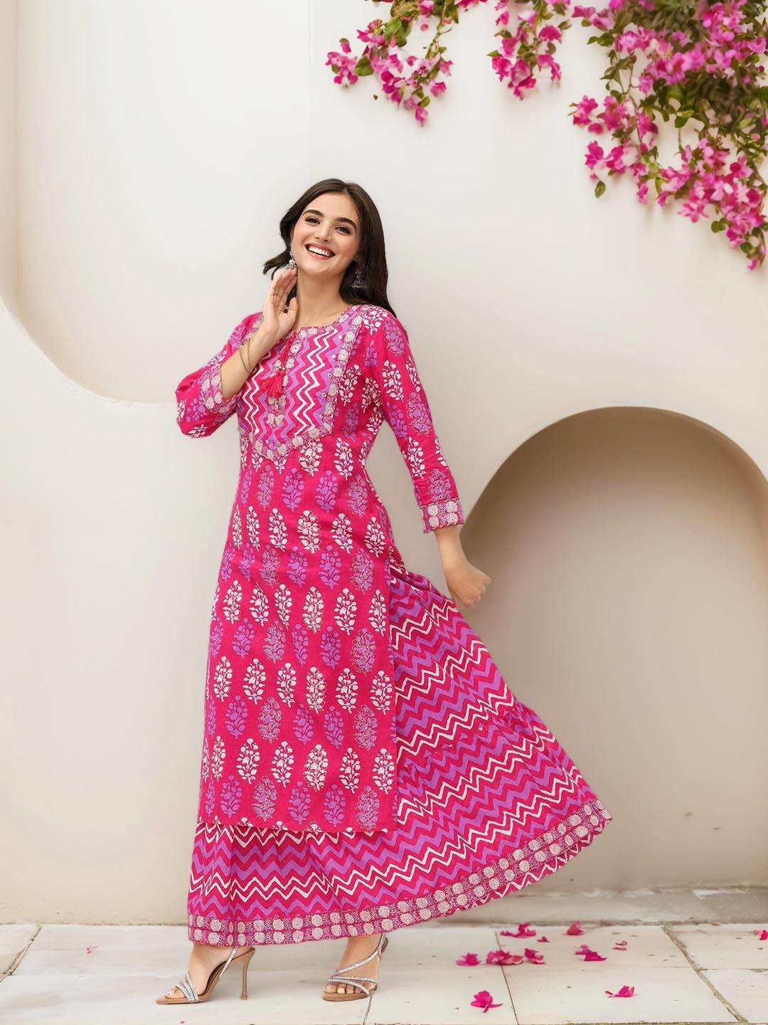 Comfy Pink Pure Cotton Floral Printed Kurta with Chevron Printed Skirt