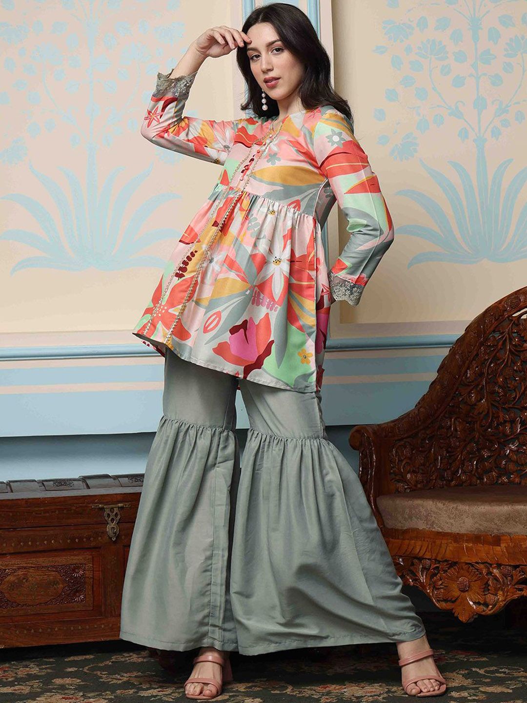 Soft Multi-Colored Poly Chanderi Floral Printed A-Line Kurta Set with Sharara Bottom