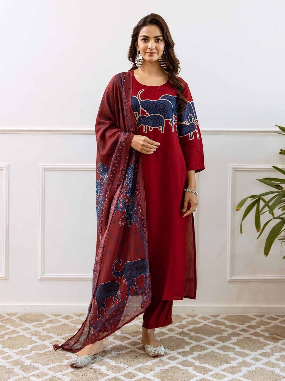 Comfy Red Pure Cotton Bold Printed Kurta Set with Straight Bottom and Printed Dupatta