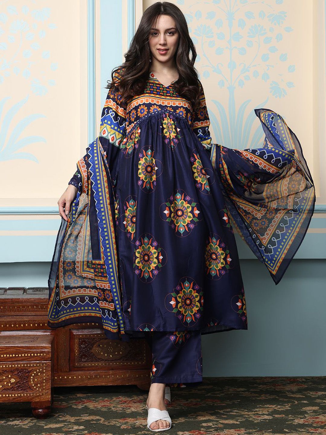 Soft Polyester Multi-Colored Floral Printed A-Line Kurta Set with Straight Bottom and Sheer Dupatta