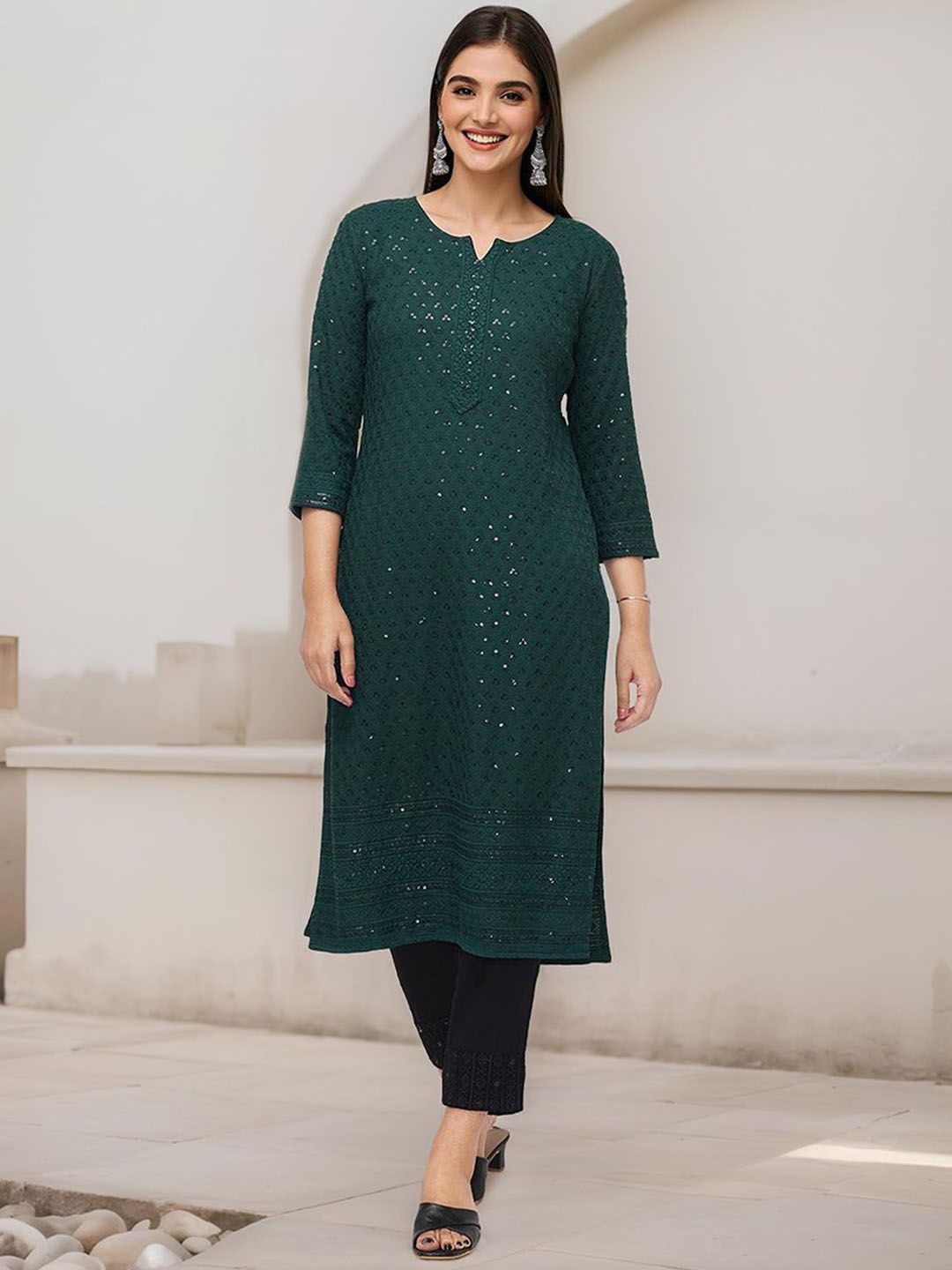 Rich Green Viscose Rayon Sequined Embroidered Kurta Set with Straight Bottom