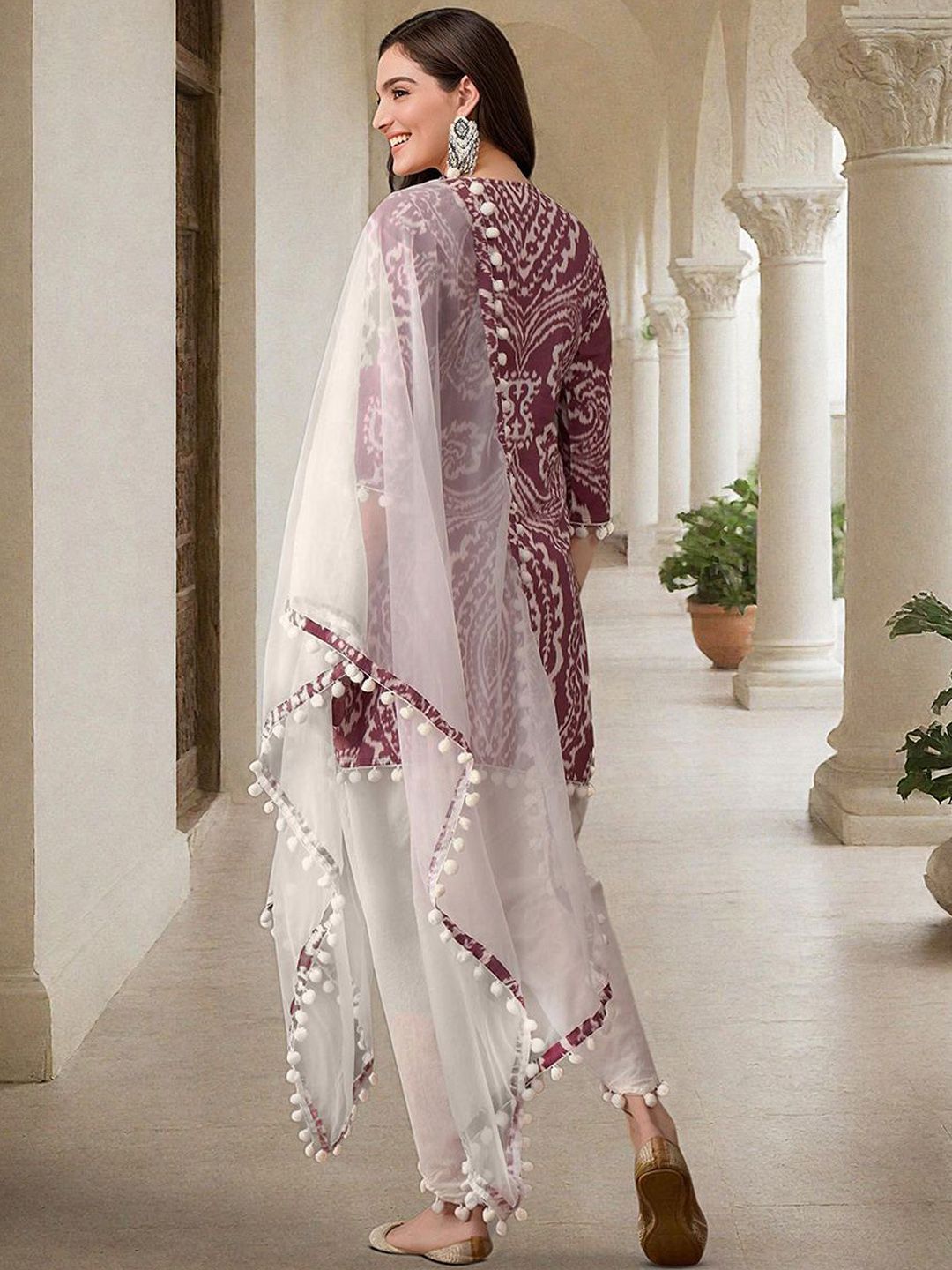 Rich Fuchsia Mirror Work A-Line Kurta Set With Dhoti Bottom & Tassel Detailed Dupatta