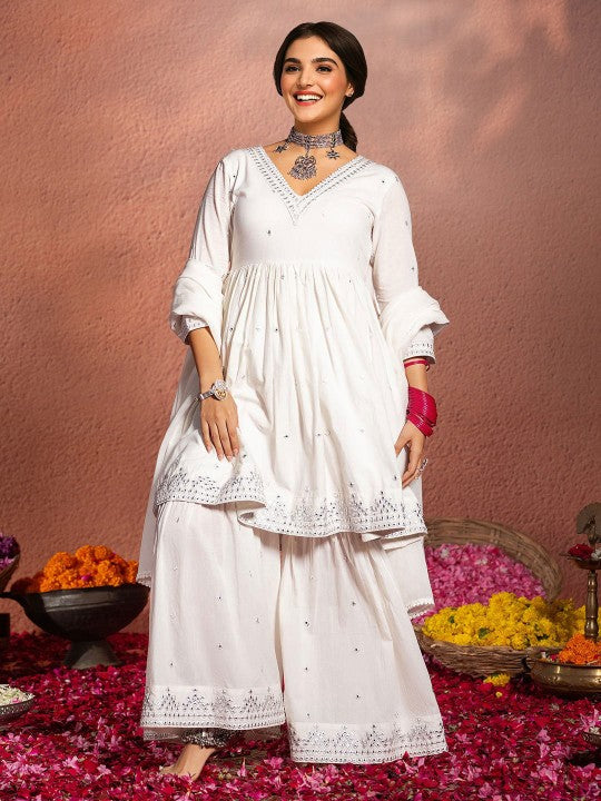 Rich White Cotton Mirror Embroidered A-Line Kurta Set with Sharara Bottom and Pure Cotton Dupatta