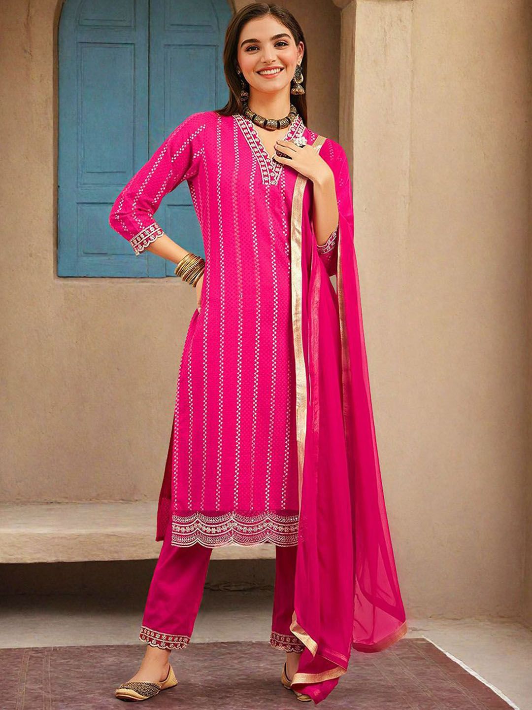 Rich Pink Cotton Sequinned Straight Fit Kurta Set With Straight Bottom & Soft Solid Dupatta