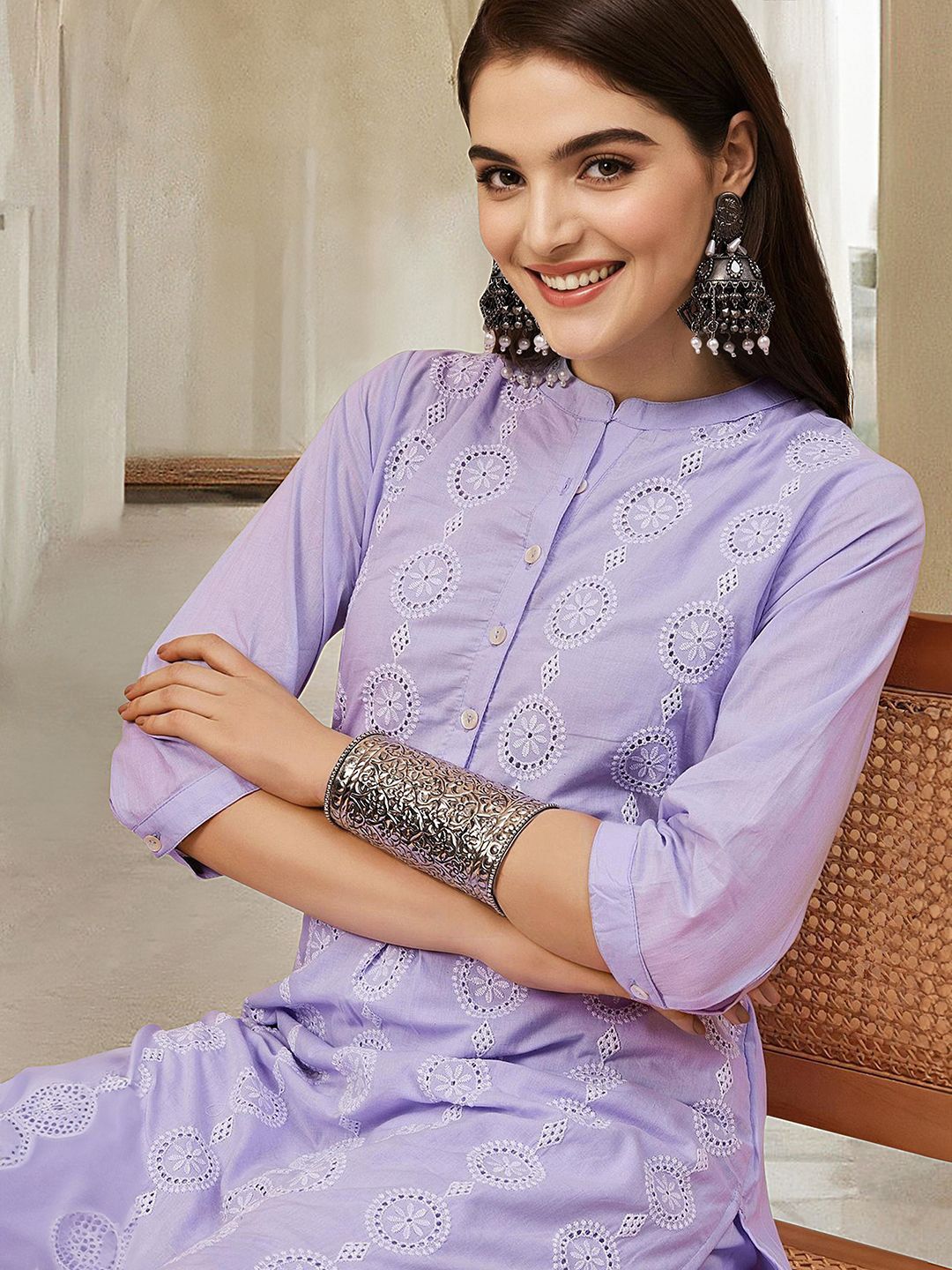 Comfy Lilac Cotton Embroidered Straight Fit Kurta Set With Straight Bottom