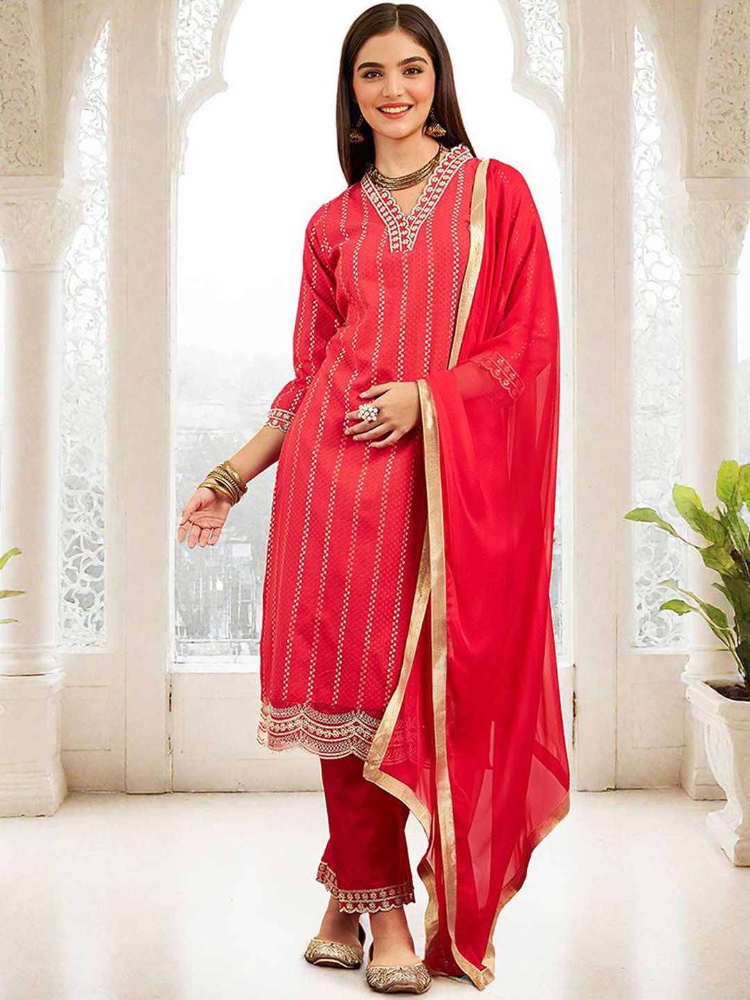 Rich Red Cotton Sequinned Straight Fit Kurta Set With Straight Bottom & Soft Solid Dupatta