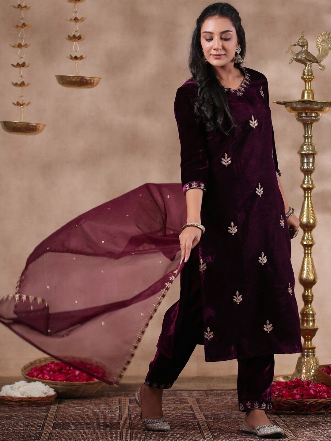 Rich Purple Velvet Zari Embroidered Kurta Set with Sheer Voile Butta Dupatta