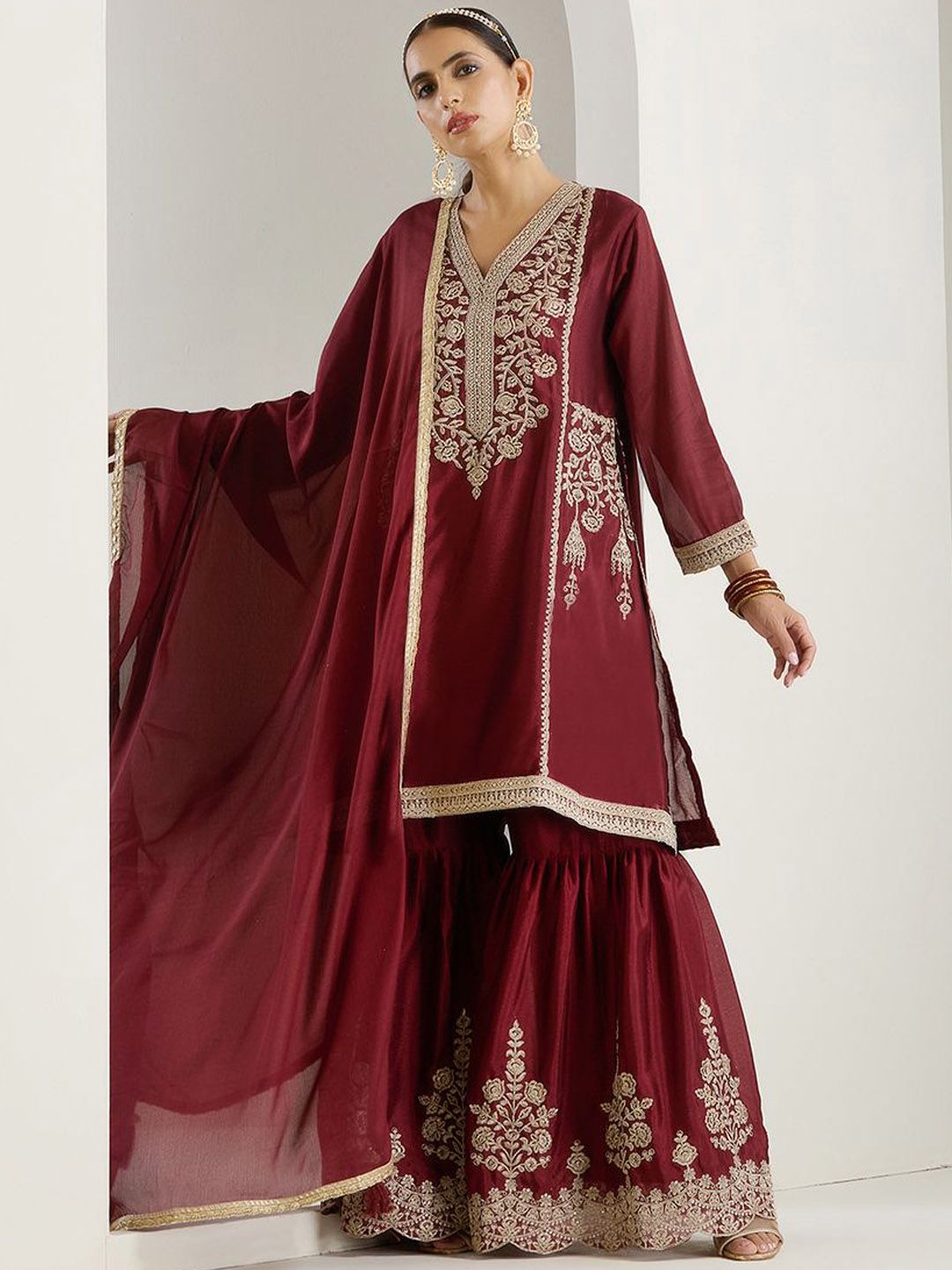 Rich Maroon Chinon Zari Embroidered Kurta Set with Sharara Bottom and Silk Blend Tassel Dupatta