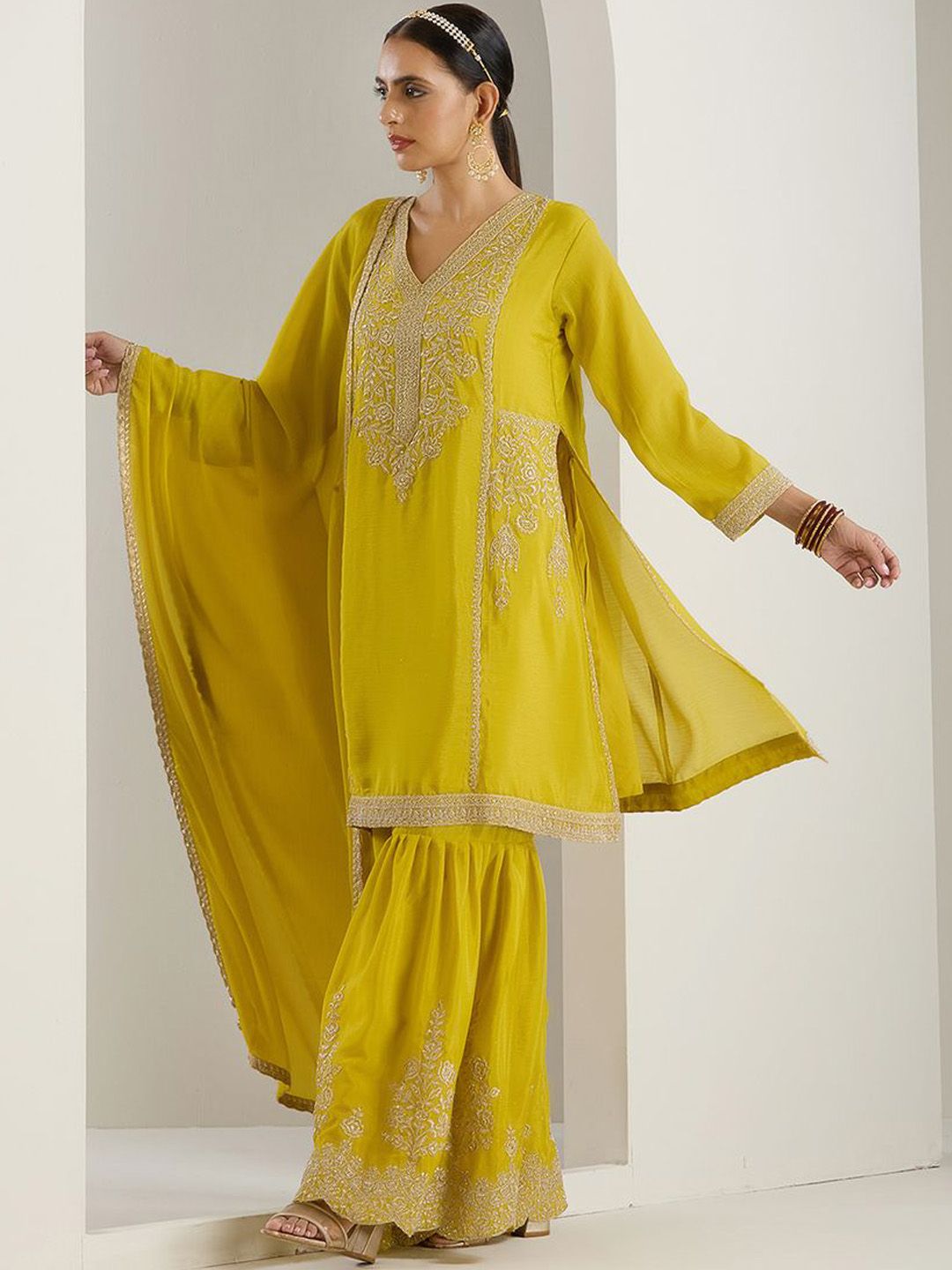 Rich Mustard Chinon Zari Embroidered Kurta Set with Sharara Bottom and Silk Blend Tassel Dupatta