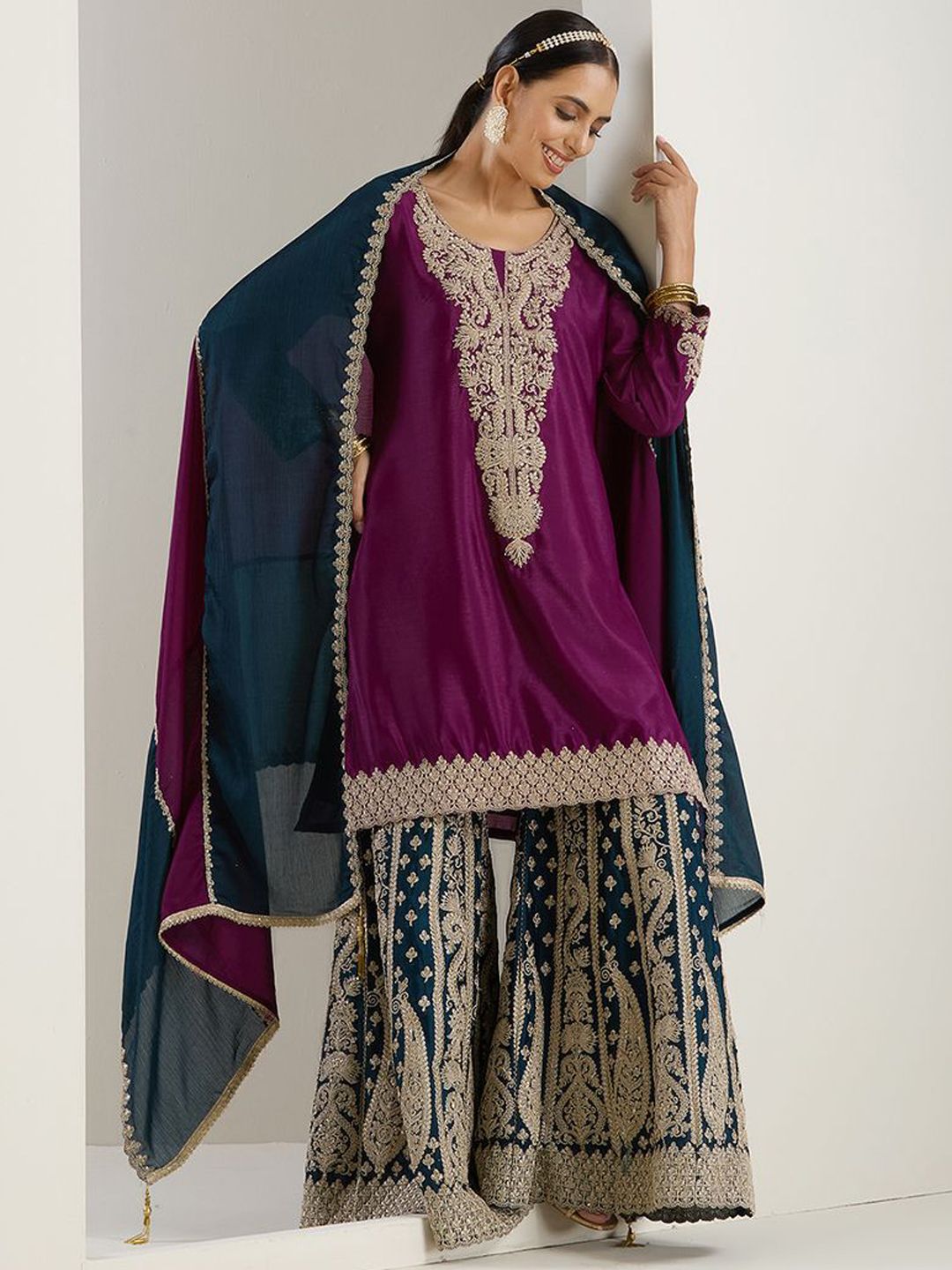 Rich Purple Chinon Zari Embroidered Kurta Set with Sharara Bottom and Silk Blend Tassel Dupatta