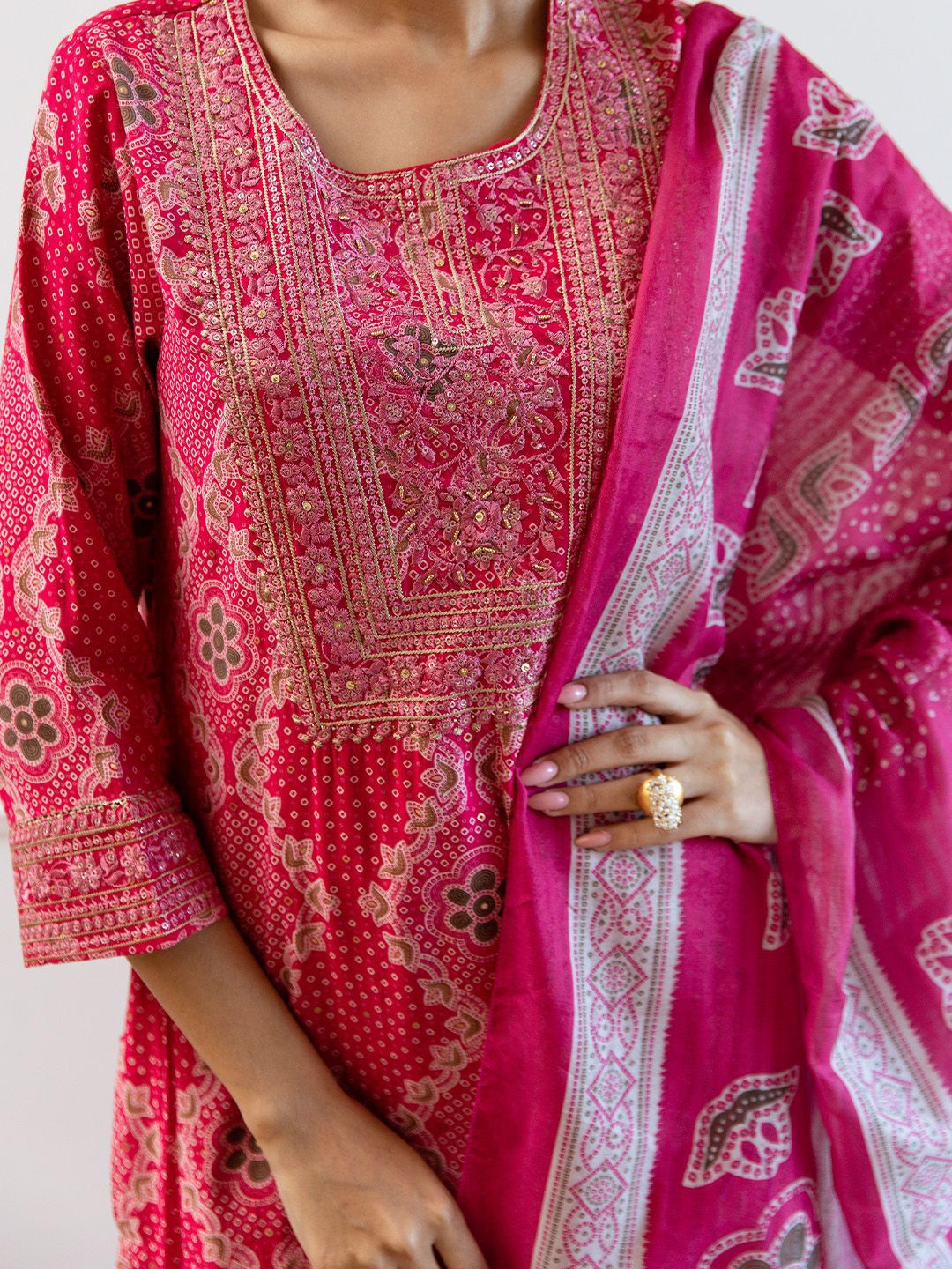 Rich Pink Modal Muslin Zari Embroidered Straight Fit Kurta Set With Straight Bottom & Soft Printed Dupatta