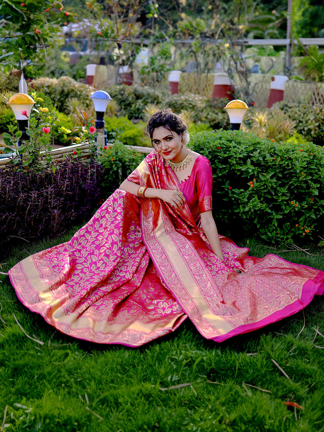 Karagiri Pink Banarasi Silk Saree With Blouse Piece