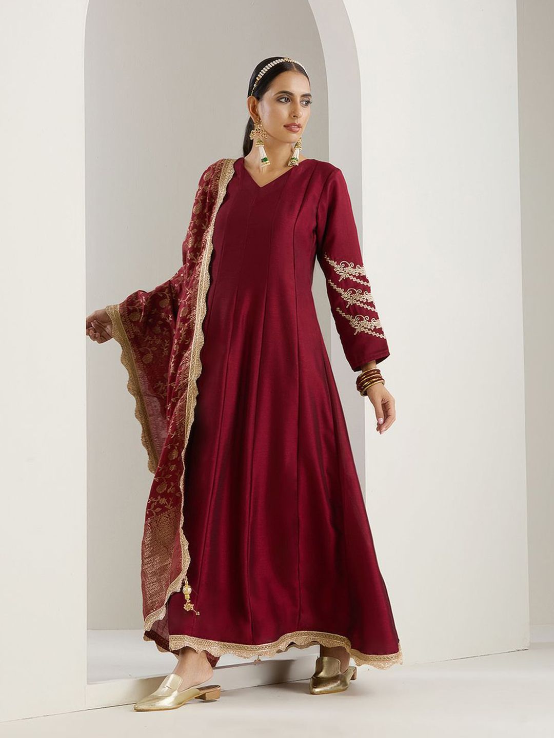 Rich Blended Burgundy Zari Embroidered Anarkali  Dress with Brocade Dupatta and Latkhans