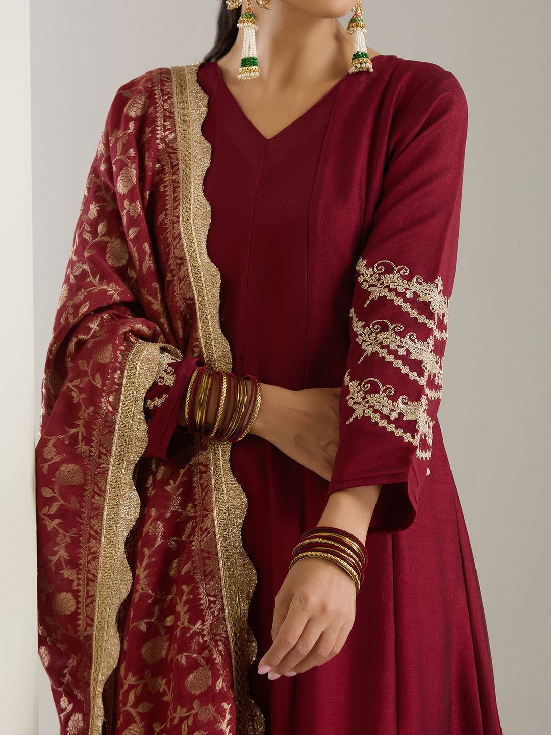 Rich Blended Burgundy Zari Embroidered Anarkali  Dress with Brocade Dupatta and Latkhans